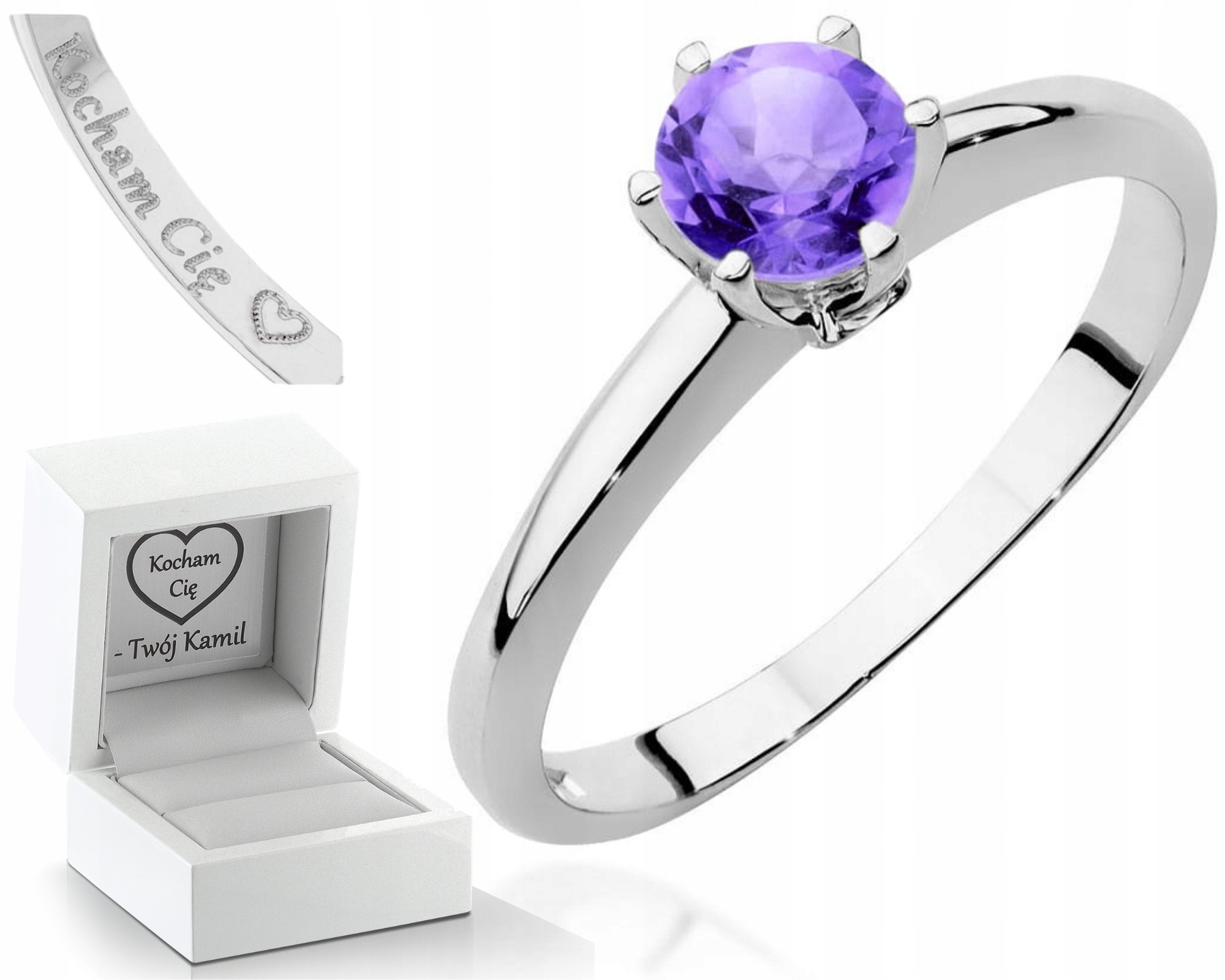 Bílý Zlatý Prstýnek S Ametystem A Diamanty