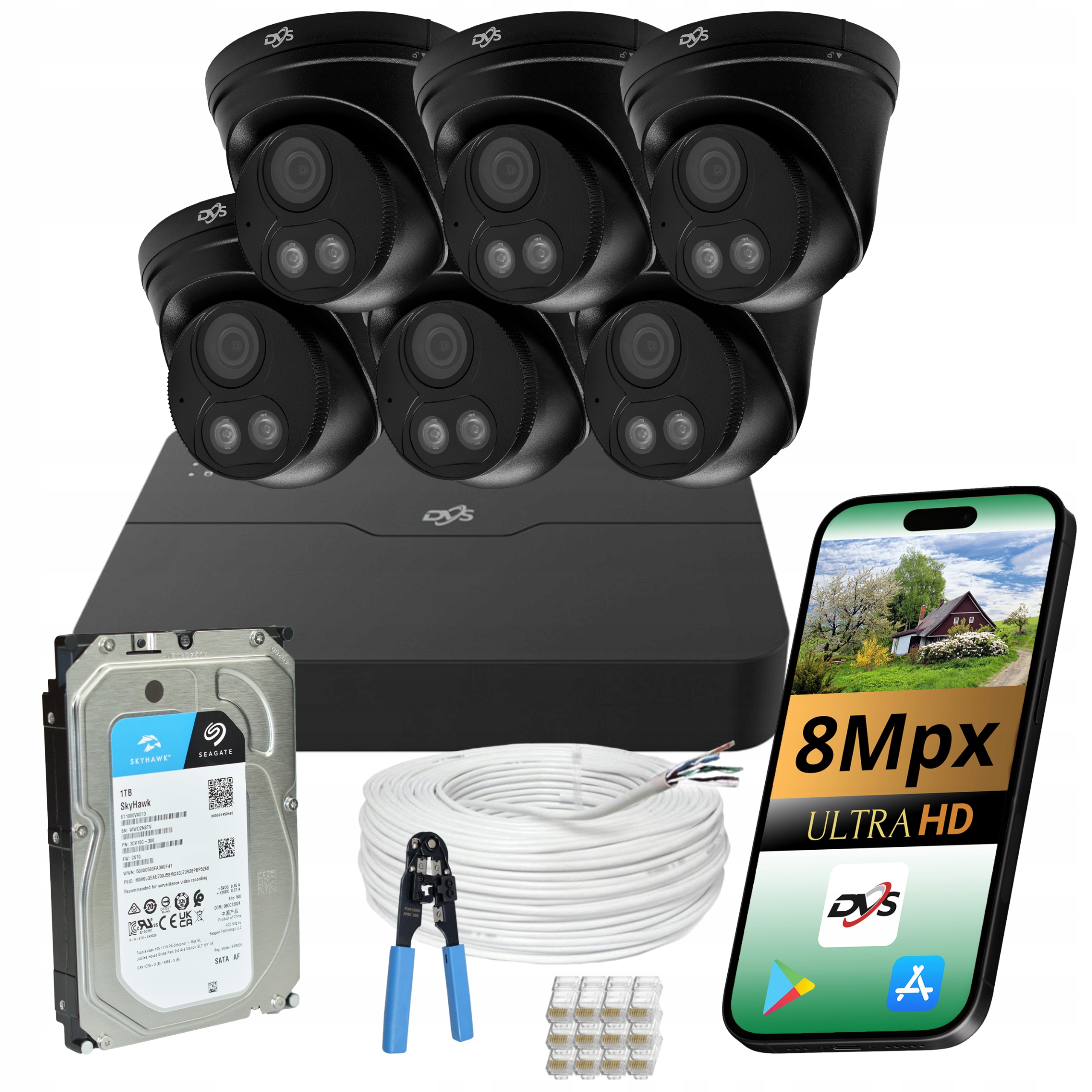 Zestaw monitoringu 6 czarnych kamer Ip PoE kopułka 8Mpx 4K Dual dysk 1TB