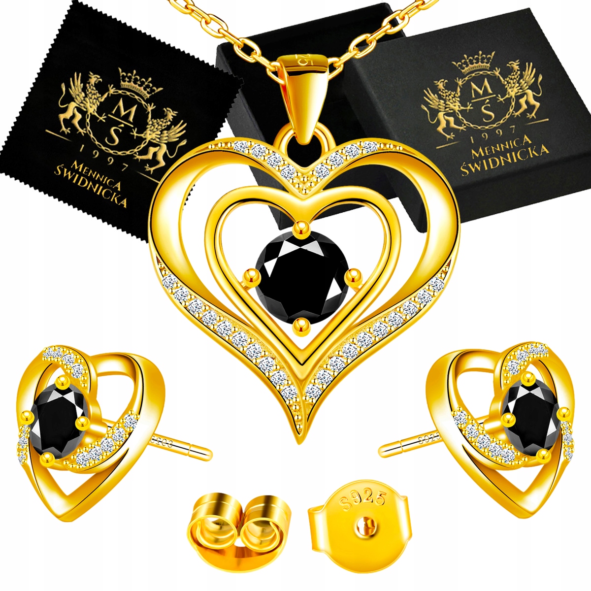 Sada šperků Zlaté stříbro 925 Náhrdelník Náušnice Srdce Přívěsek Dámský