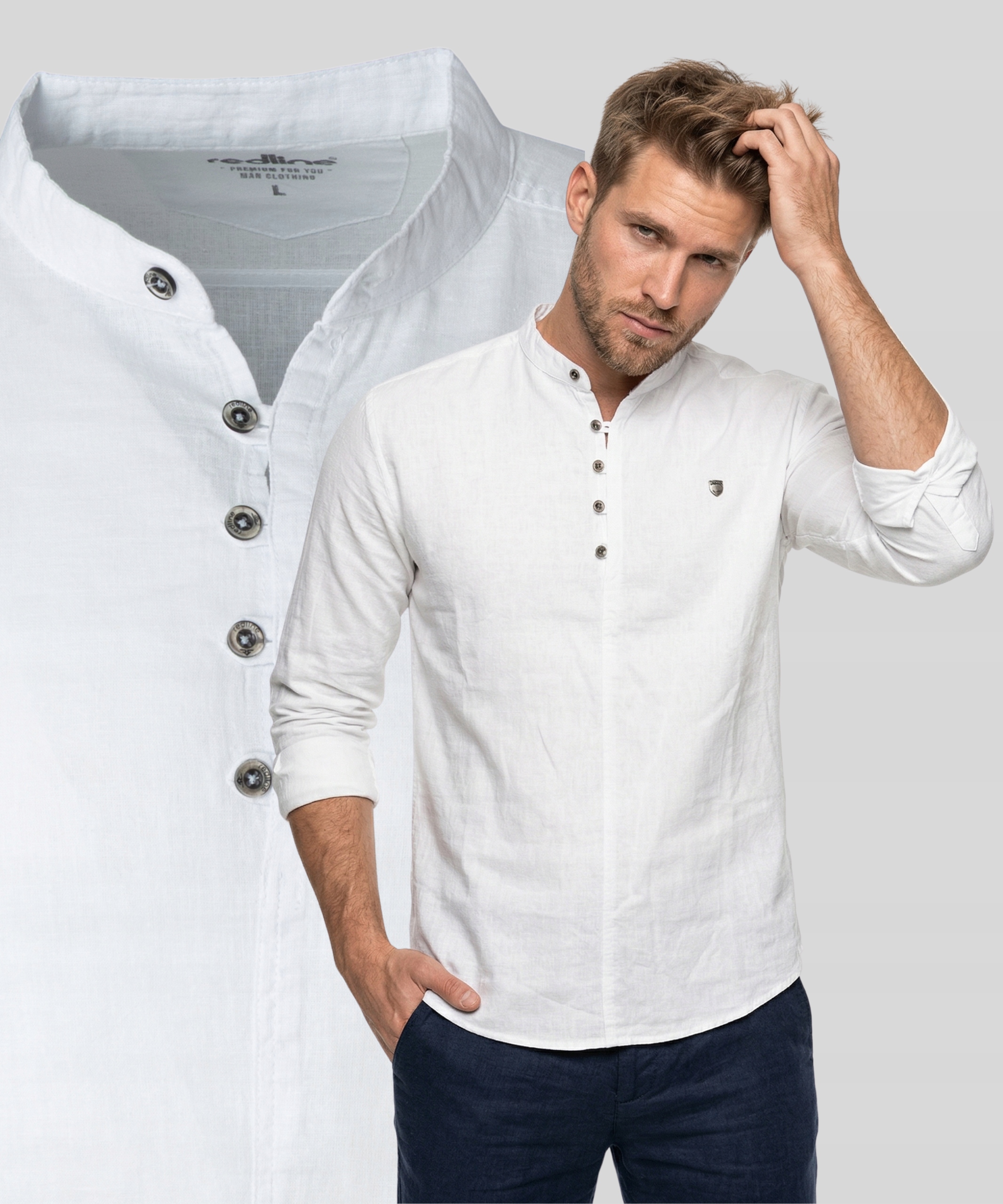 koszula męska Lniana Len+bawełna Krótkie Guziki Biała Letnia Przewiewna S