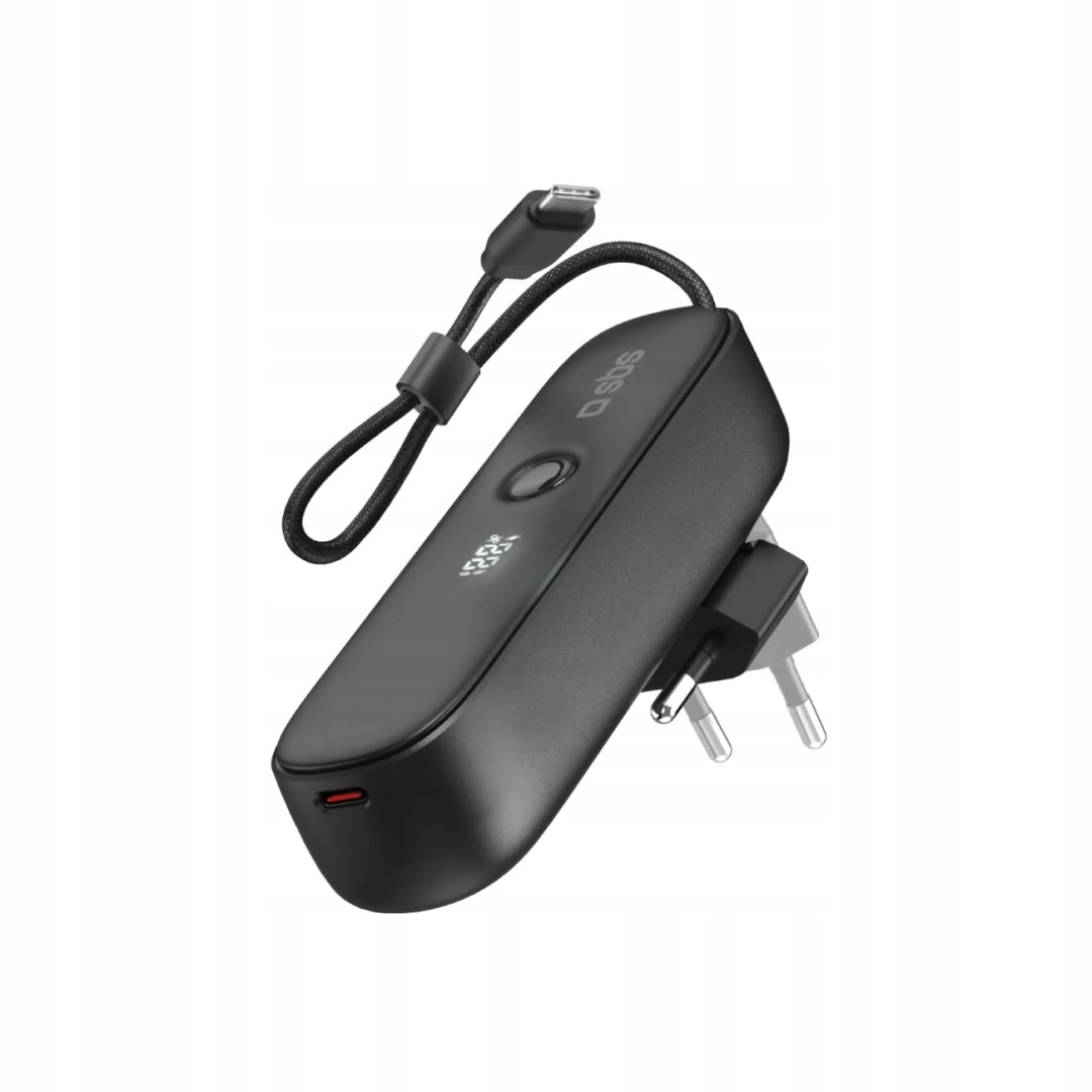 Powerbank 5000mAh z wbudowanym kablem składaną wtyczką Pd 20W czarny Sbs