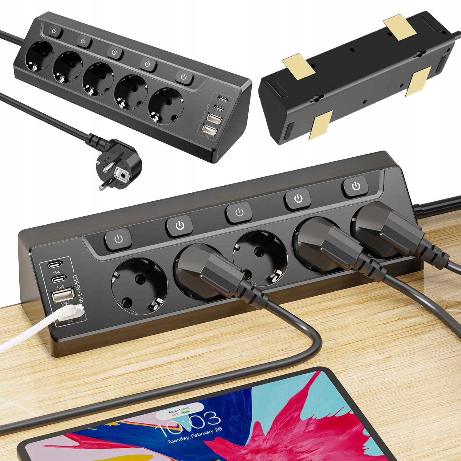 Prodlužovací Kabel Zásuvková Lišta Rozdělovač Rozbočka 5 Zásuvek 4X Usb