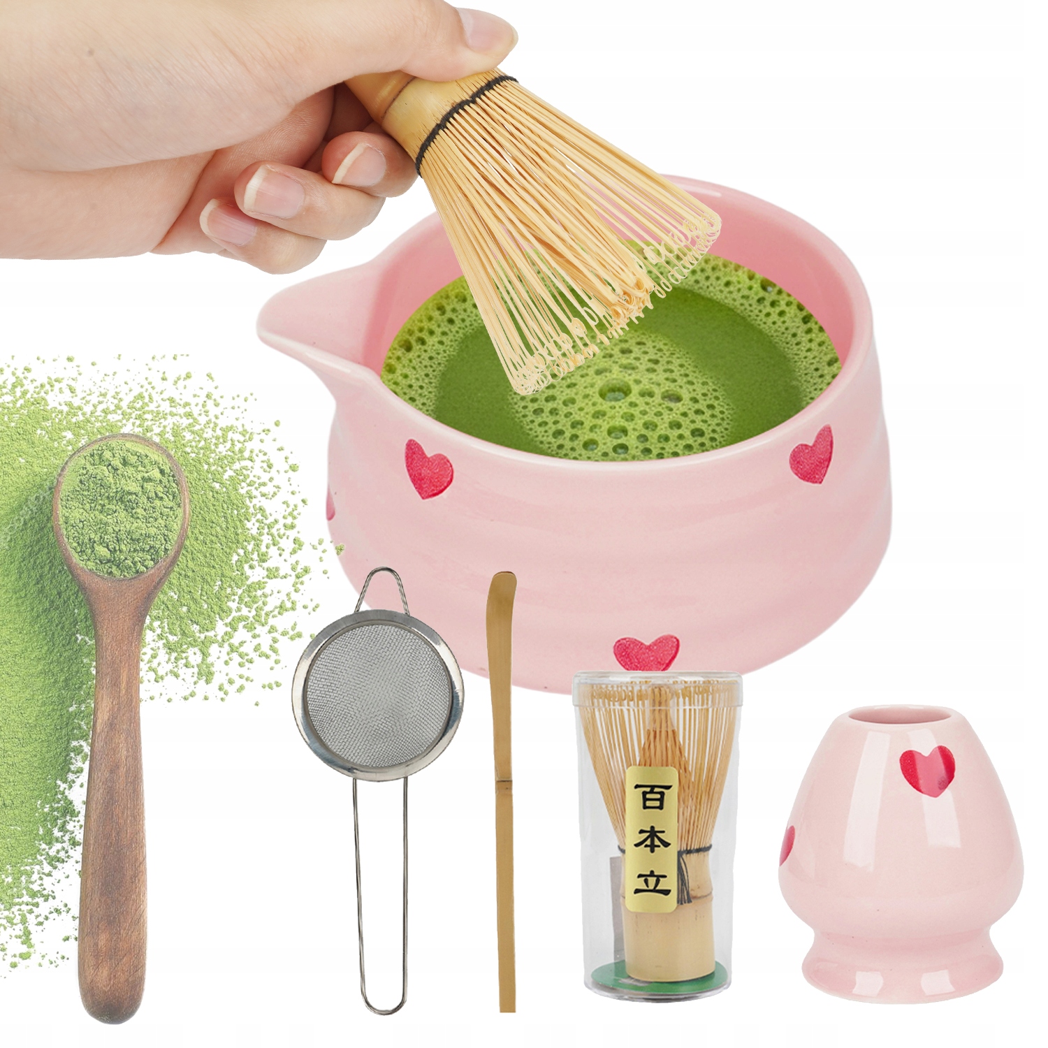 Levně Sada Matcha Růžová S Keramickou Miskou A Sítkem, Lžící A Stojanem