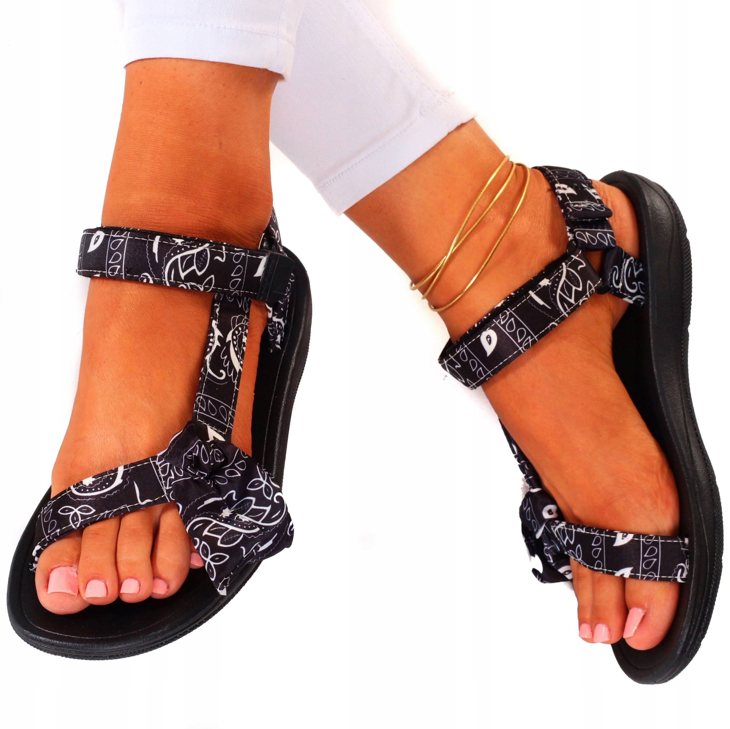 SANDAŁY DAMSKIE CZARNE LETNIE REGULOWANE NA RZEP SPOROTWE PŁASKIE Marka inna