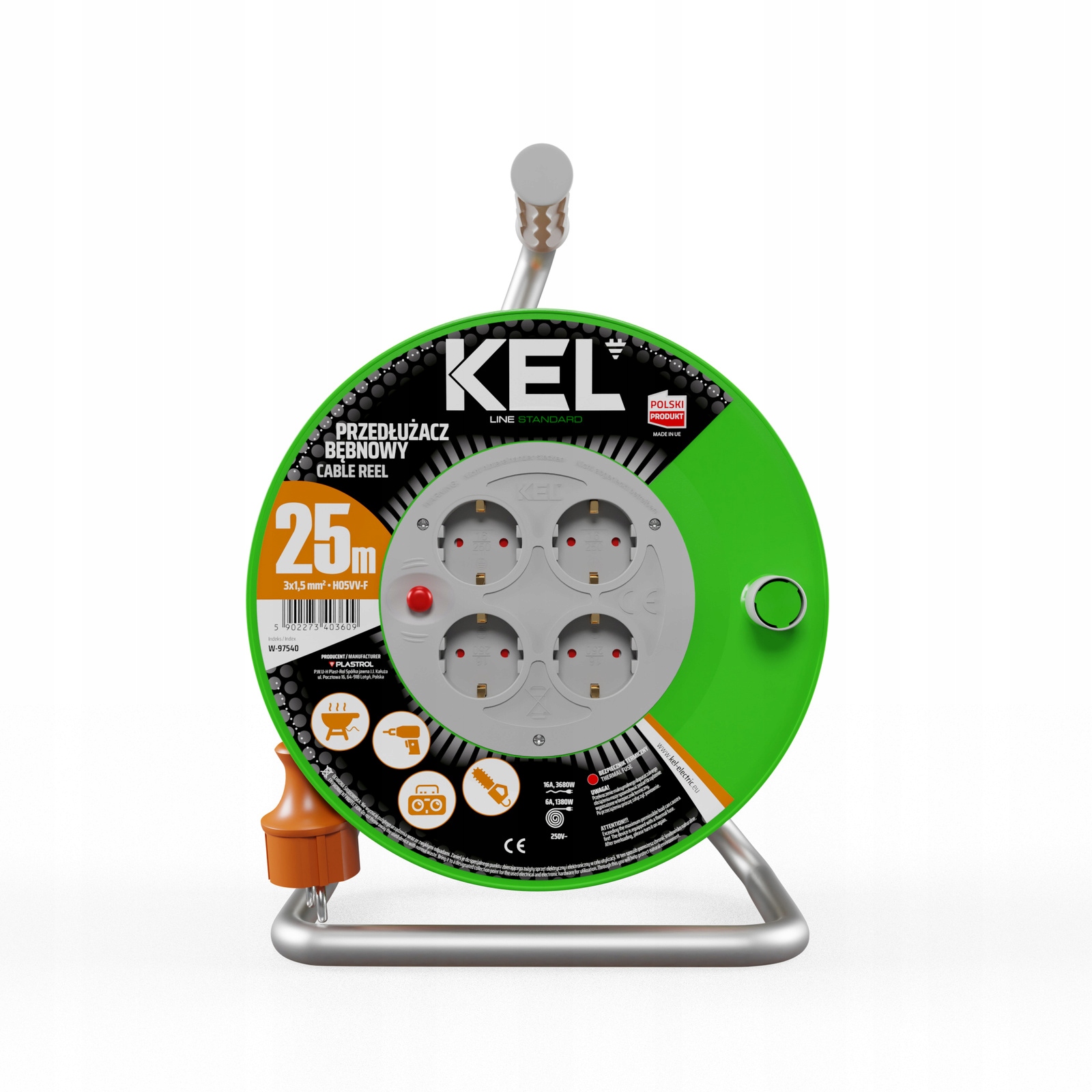 Predlžovací Kábel bubnový 25 m 4 zásuvky 230V Schuko 3680W W-97540