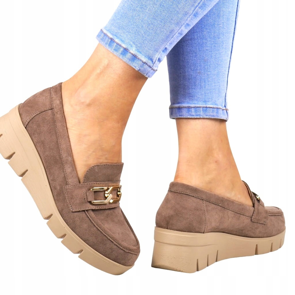 Pohodlné Dámské Mokasíny Na Koturnu, Polobotky S Přezkou, Hnědé, Semišové, Hot