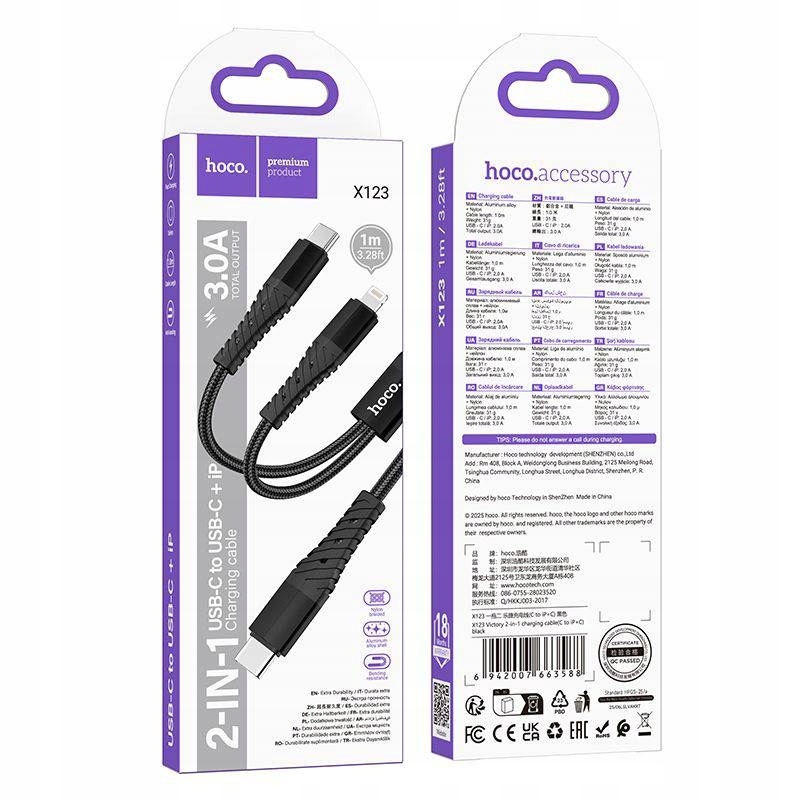 Kabel 2W1 Usb C Do Usb C+ do Lightnig Hoco 1 M X123 Czarny