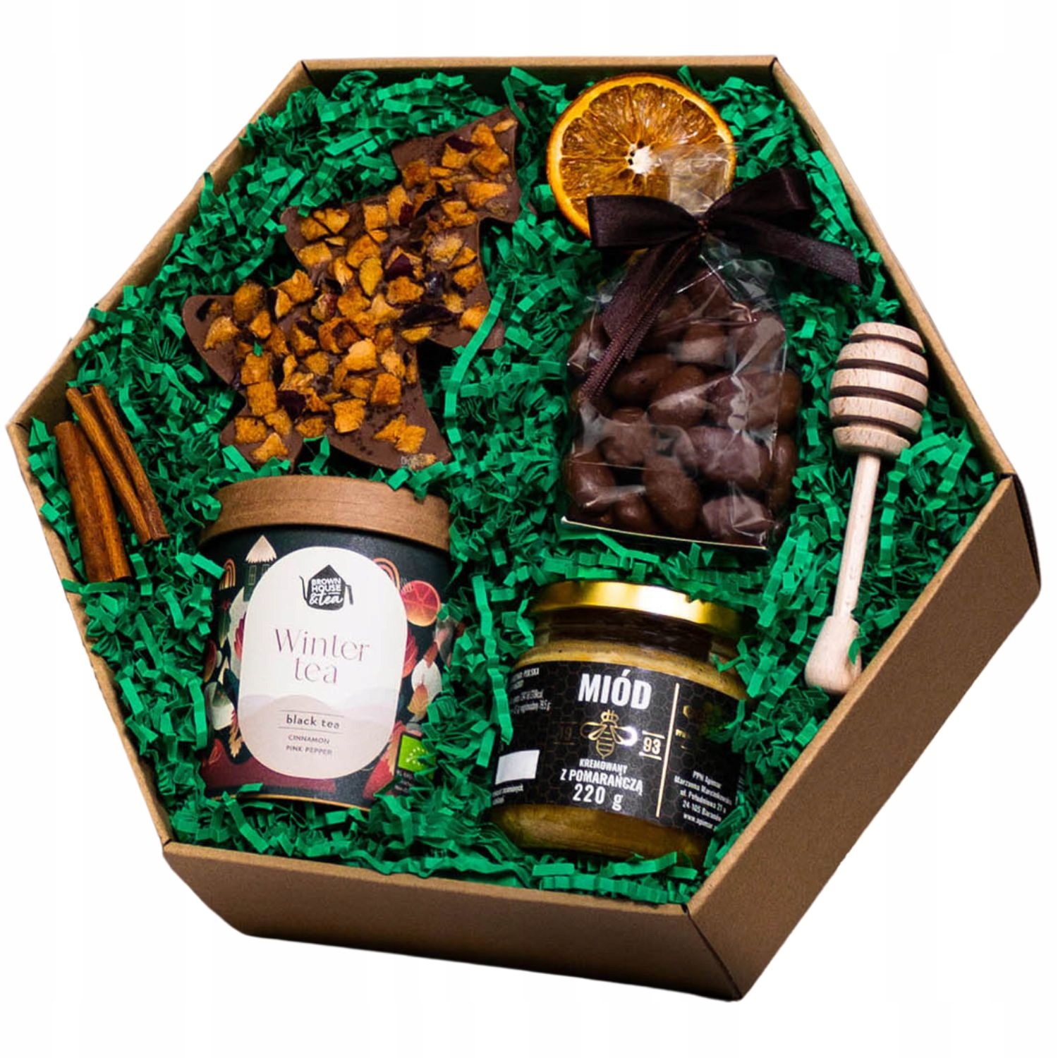 Levně Dárkový box na Vánoce Dárek – čokoláda, čaj, med, mandle