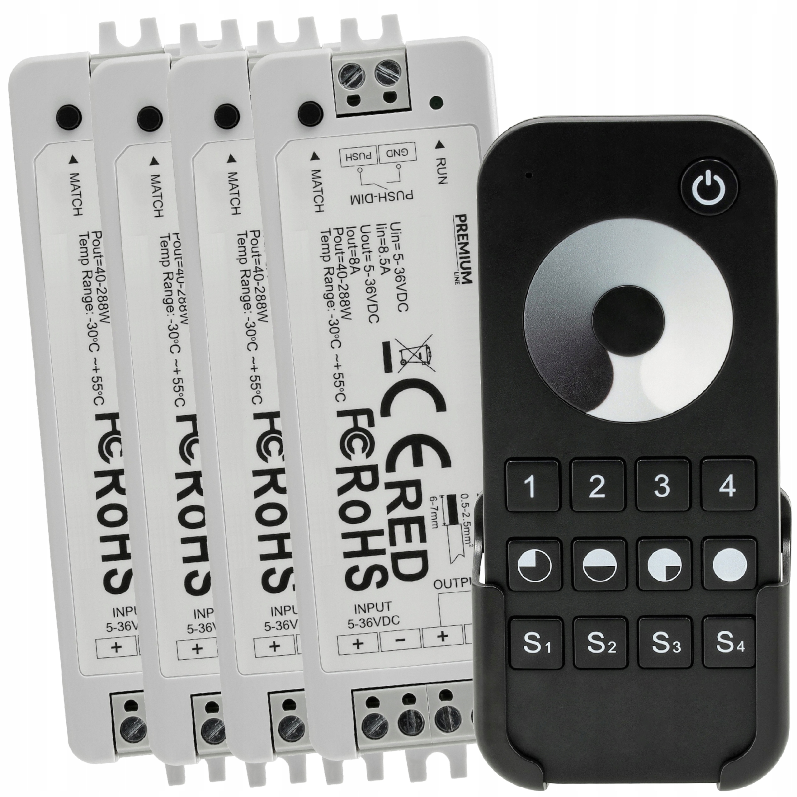 4x Led zónový ovladač 12V 24V Stmívač Mono Dálkový Ovladač 8A 40–288W Sada