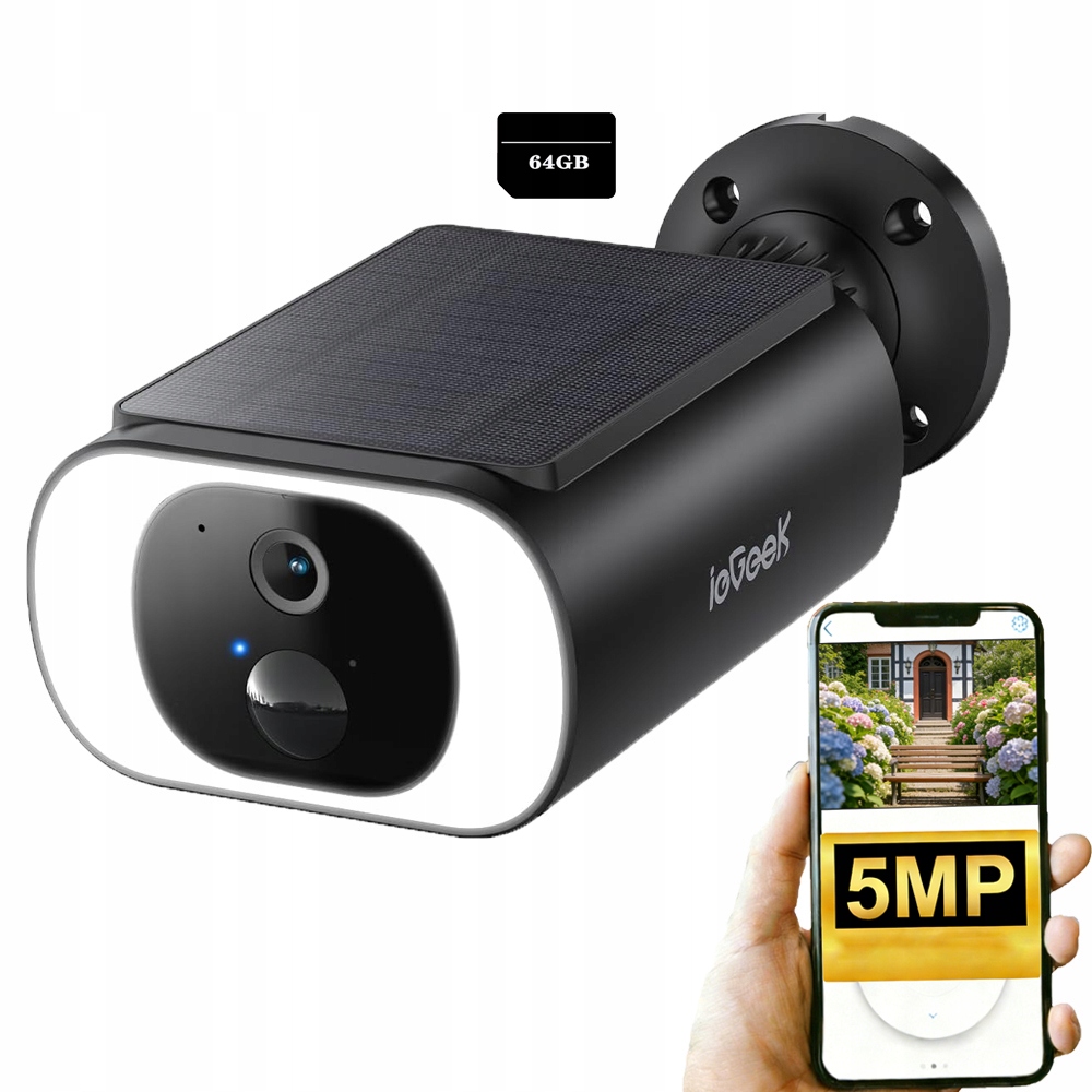 5MPX venkovní monitorovací kamera se solárním panelem a 64G paměťovou kartou