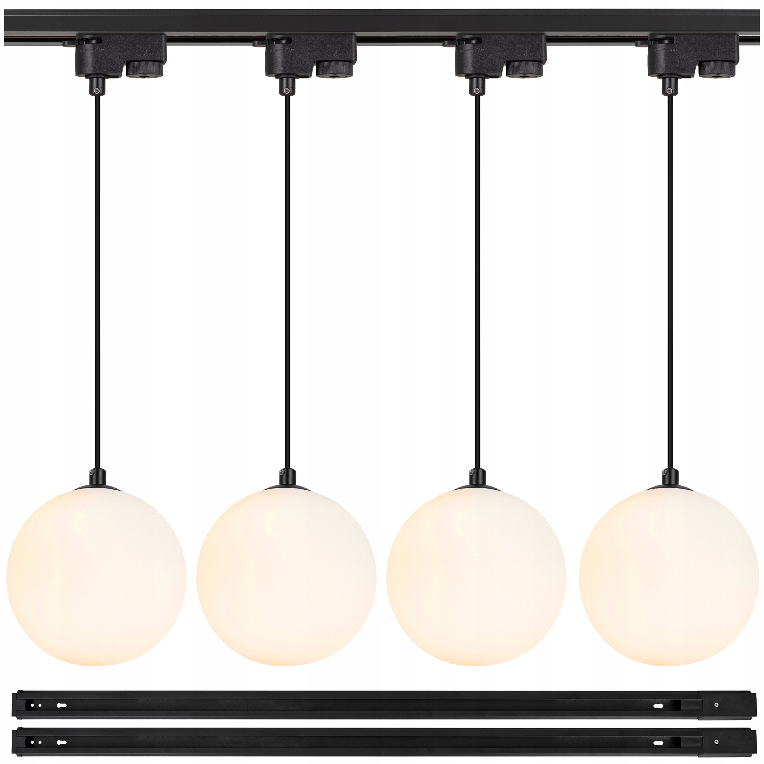 Osvětlení na lištu Led lišta 2 x 1 m závěsná lampa bílá skleněná koule x4