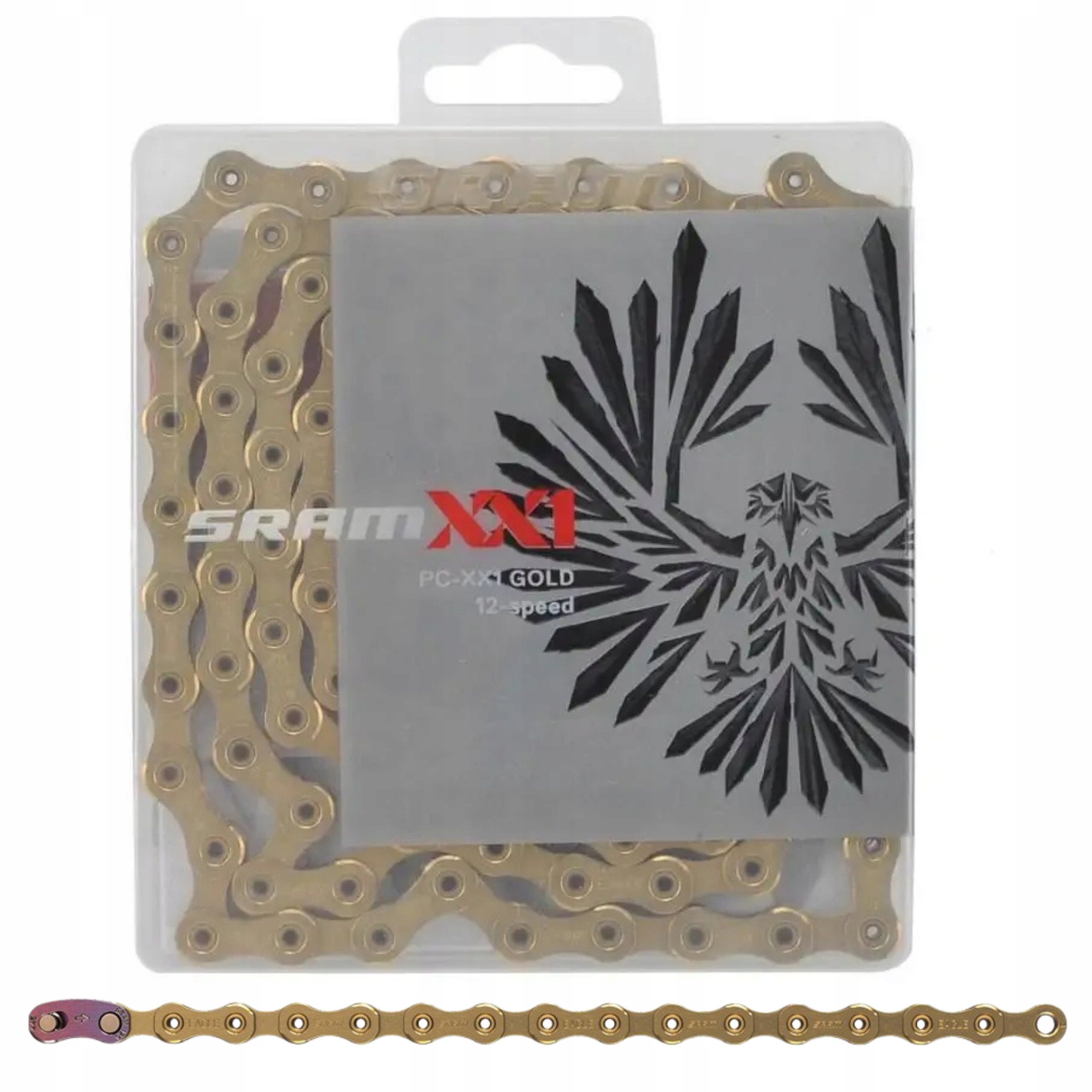 Łańcuch rowerowy Sram XX1 Eagle 12s 126 ogniw Złoty gold Spinka Box