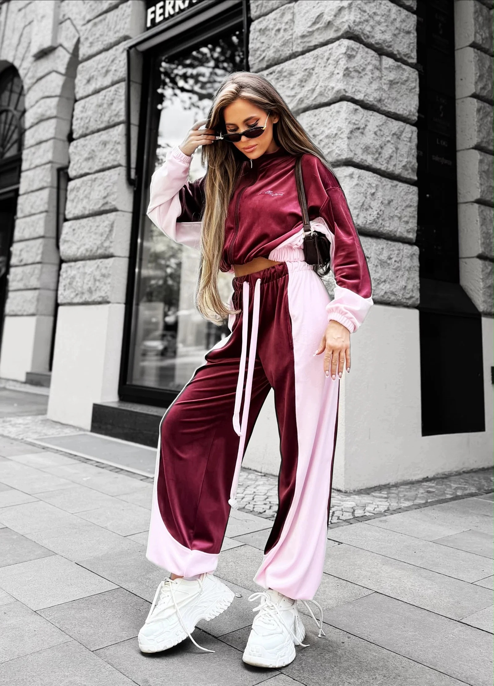 Velurový komplet Millagro Velvet Bloom bordo růžová uni