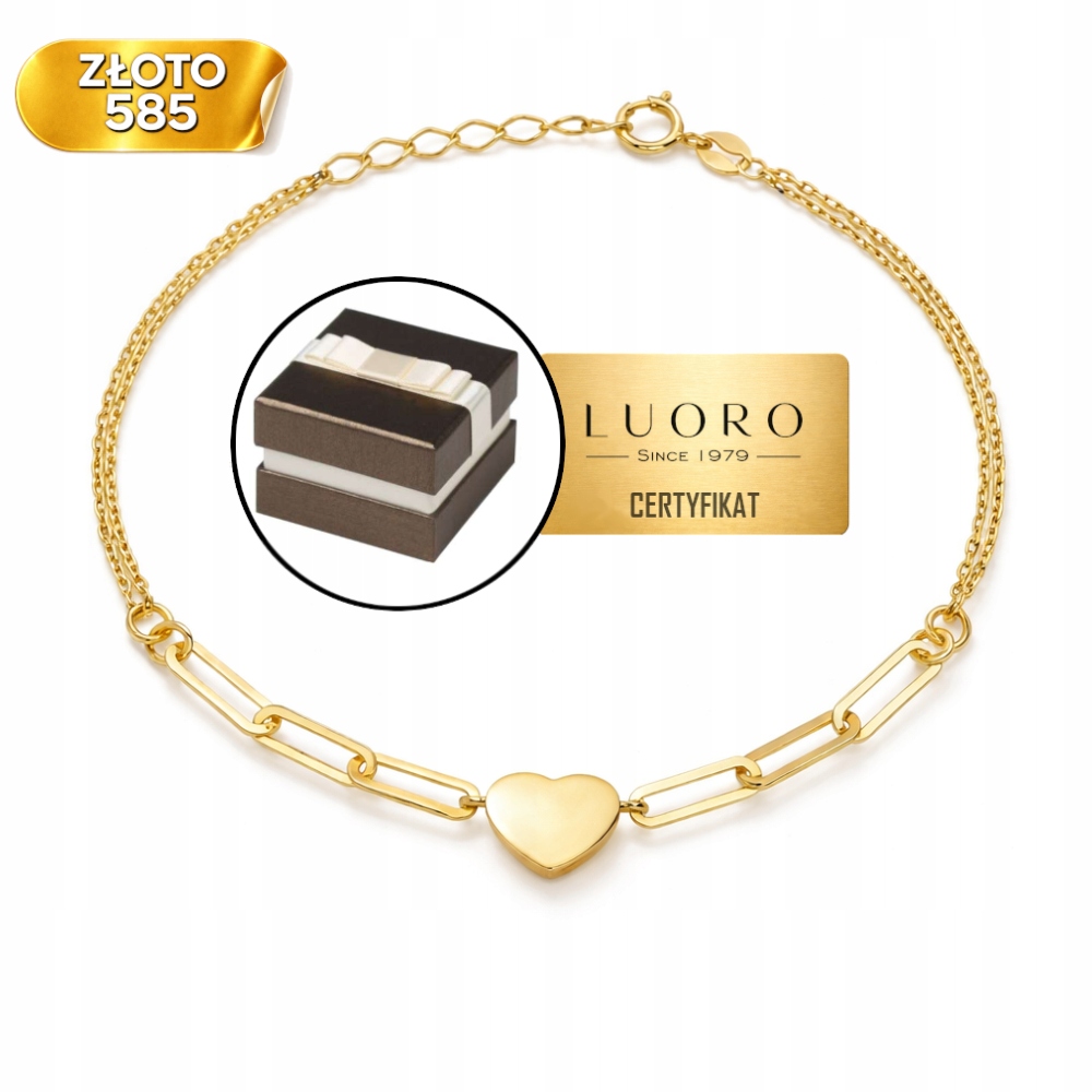 Zlatý Náramek 585 14K Dvojitý Řetízek Srdce 17 CM Nastavitelný