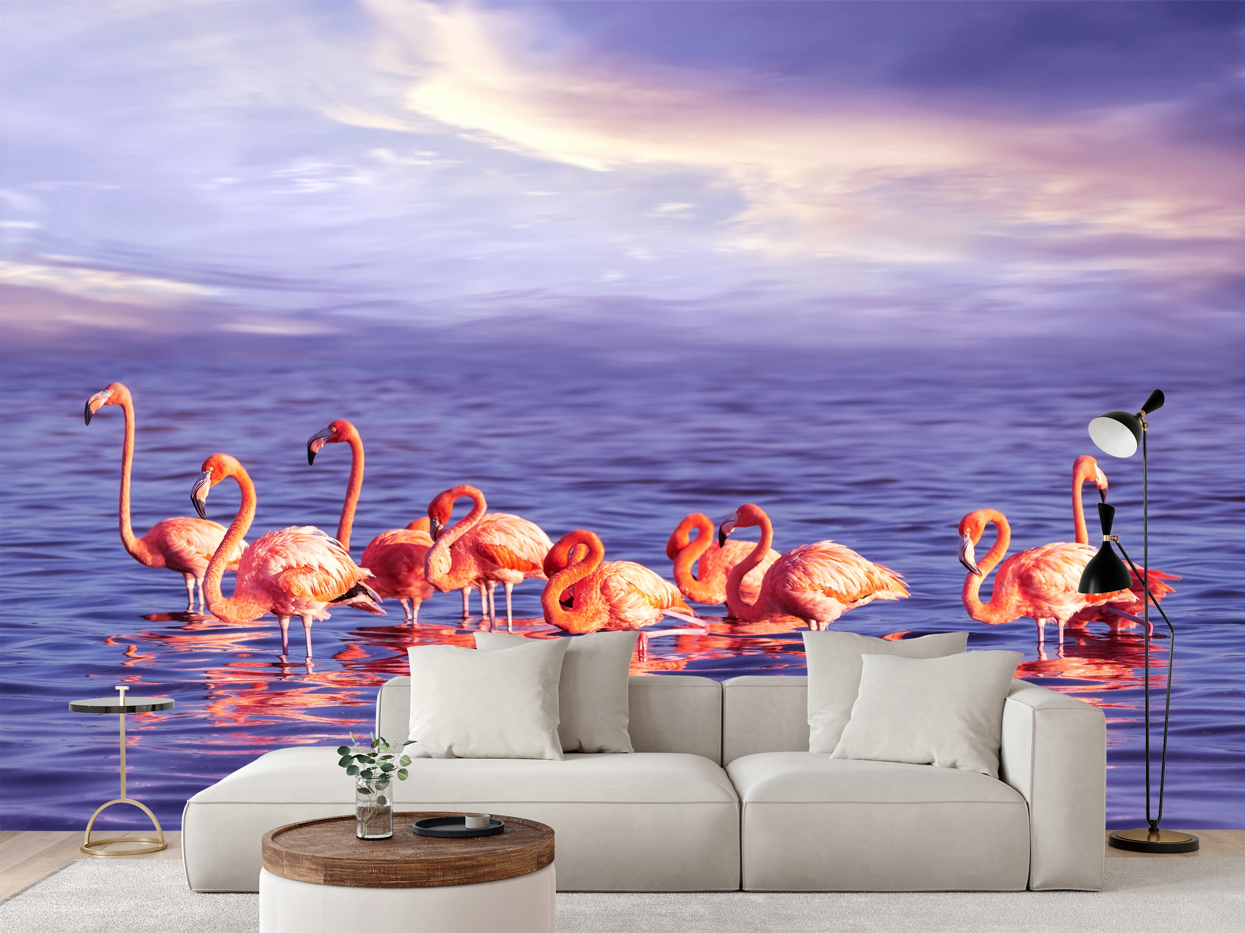 Fototapeta Plameňáci Voda Moře Růžové Ptáci Nebe Do Obývacího Pokoje 315 x 210 cm