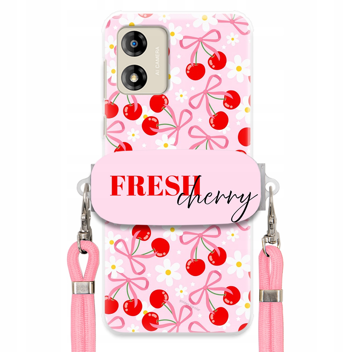 Pouzdro pro Motorola E13 Case Držák Šňůrka Růžová Fresh Cherry Kokardy