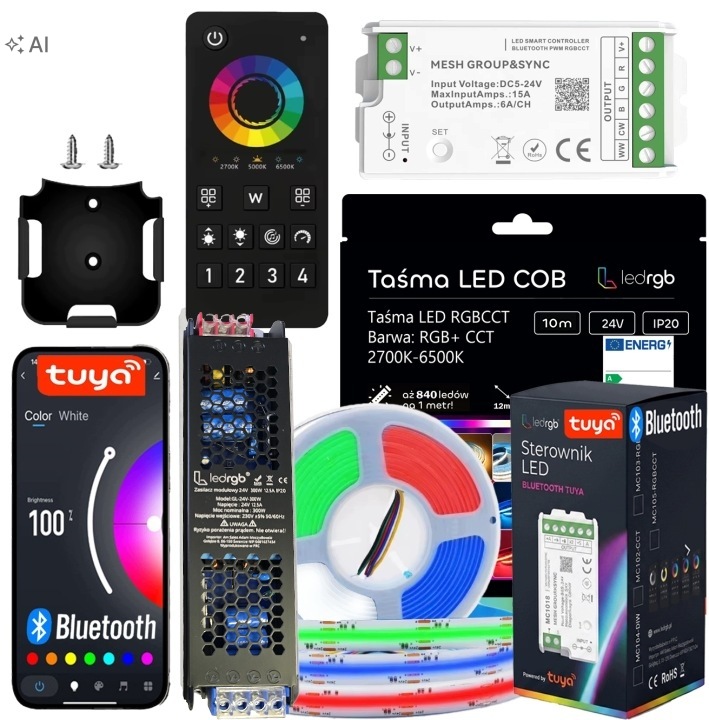 Set Led Pásek Cob 10M Rgb Cct Bílý Wifi Dálkový Ovladač Napájecí Zdroj Aplikace Tuya