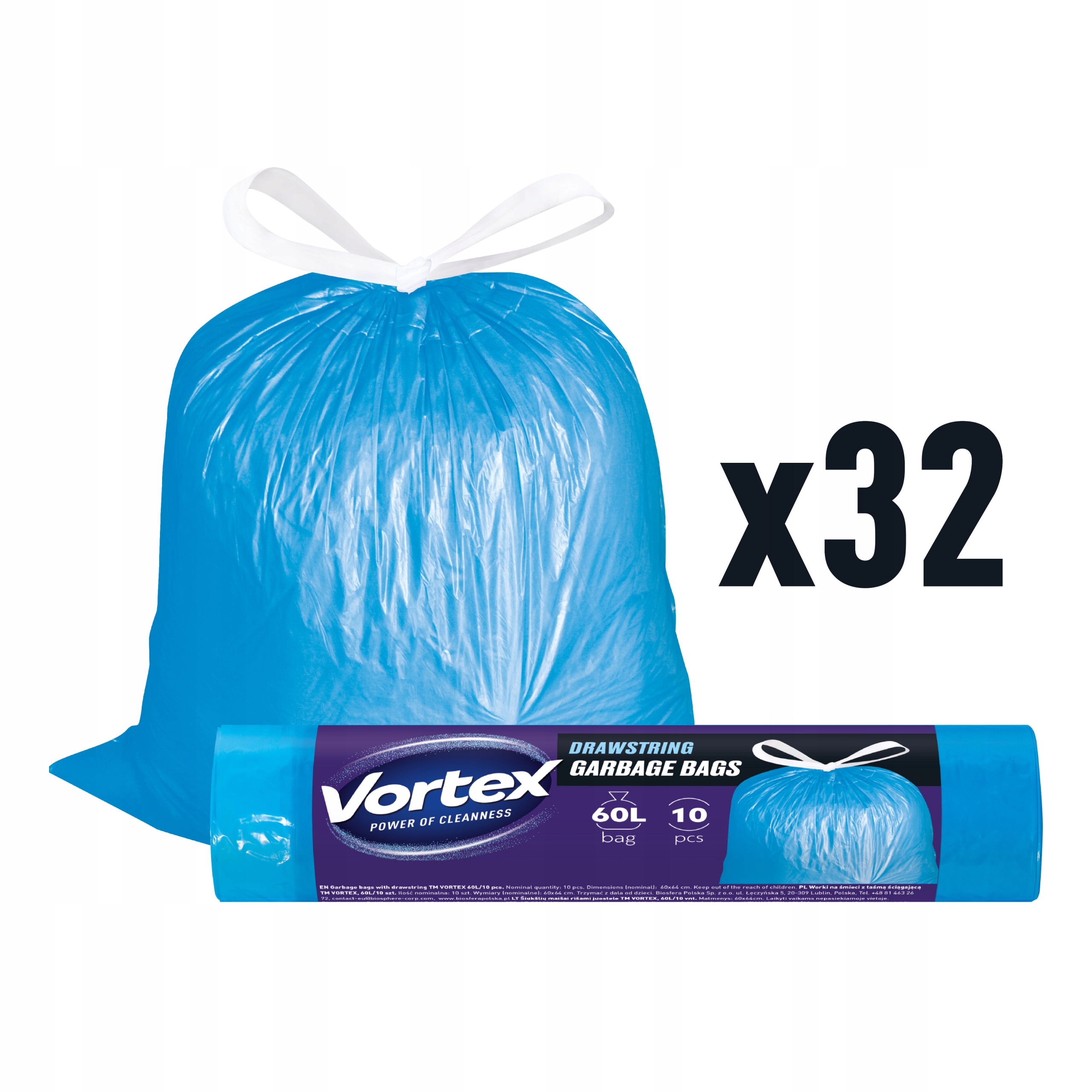 Levně Pytle Na Odpadky S Páskou Silné 60L Odolné Modré Vortex 32x10 kusů