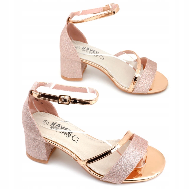 Jasno Różowe Sandały Damskie Na Słupku Obcasie Wkładka Ekoskóra Błyszczące