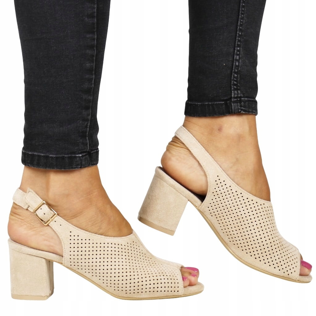 Dámské Sandály Na Podpatku, Béžové, Semišové, Peep Toe, Děrovaný Top