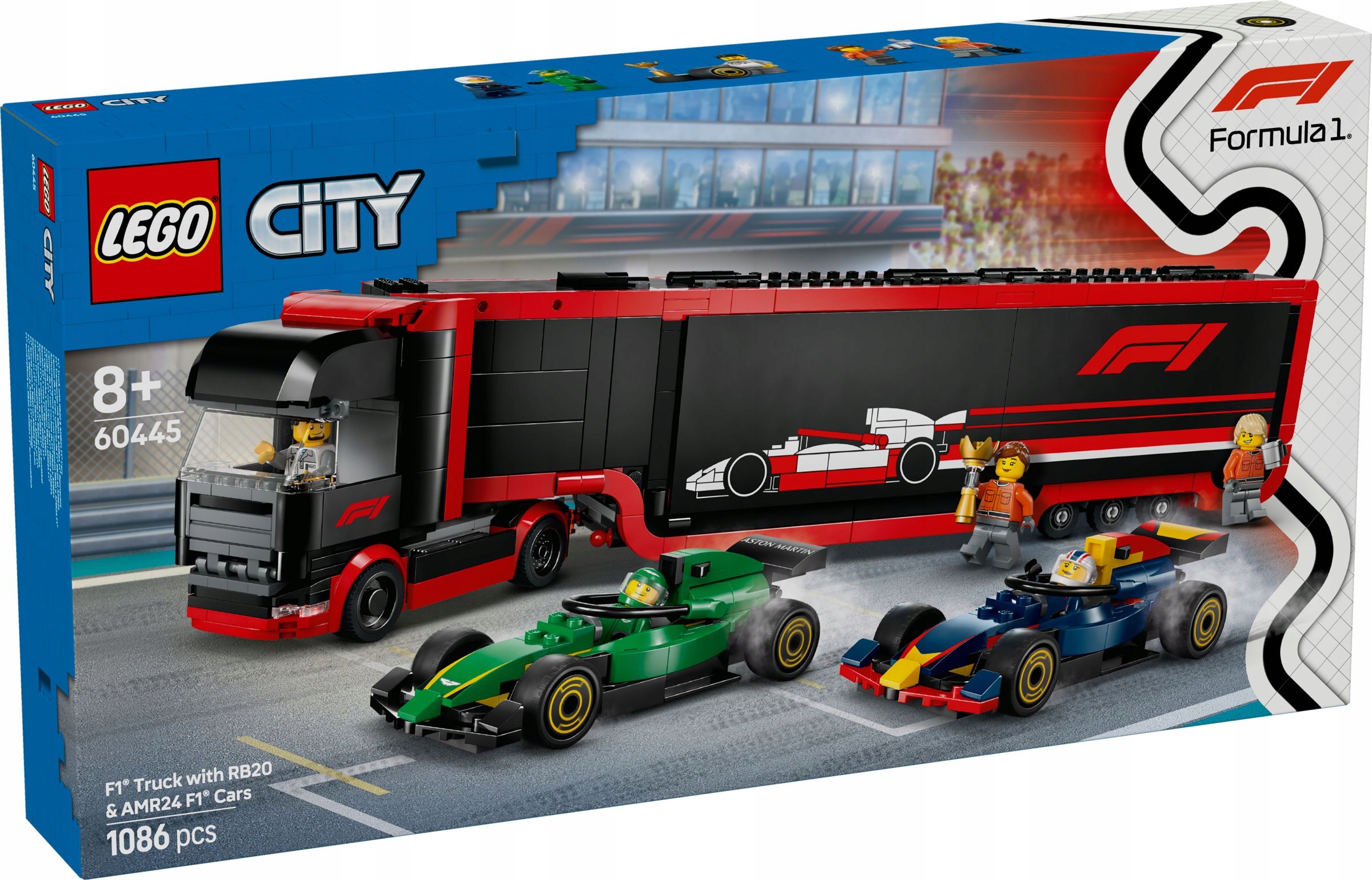 Stavebnice Sada Lego City 60445 F1 Nákladní auto s formulemi RB20 a AMR24