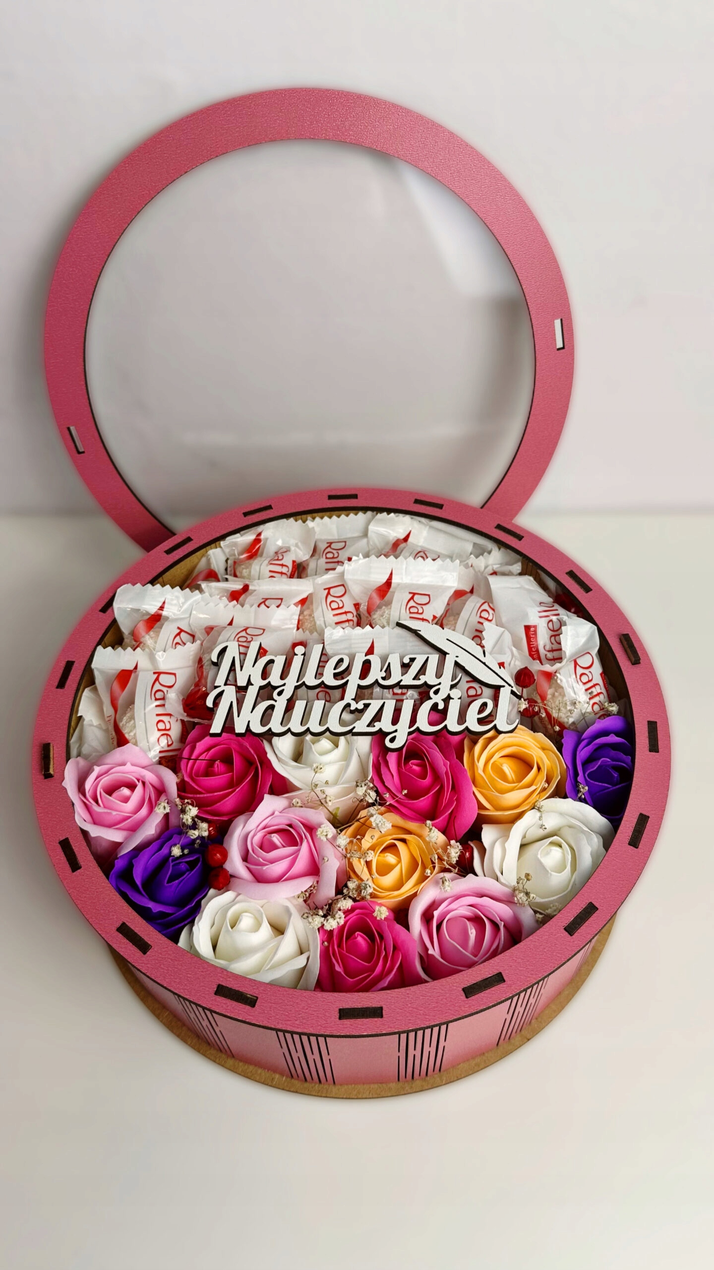 Levně Box s bonbóny rafaello dřevěný 24 cm nejlepší učitel růžový