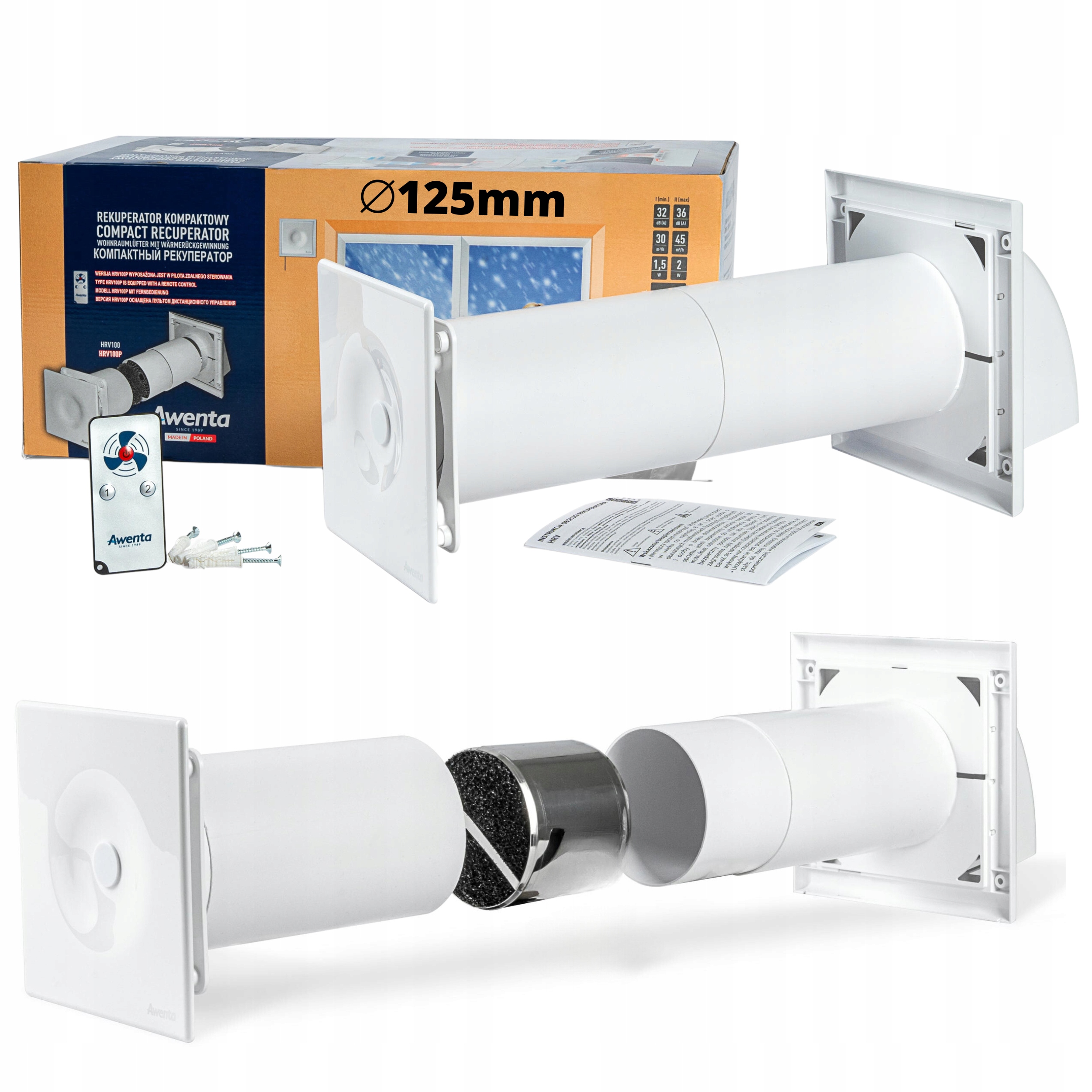 Stenový Rekuperátor 125 mm Awenta HRV125P s diaľkovým ovládaním, decentralizovaný, kompaktný