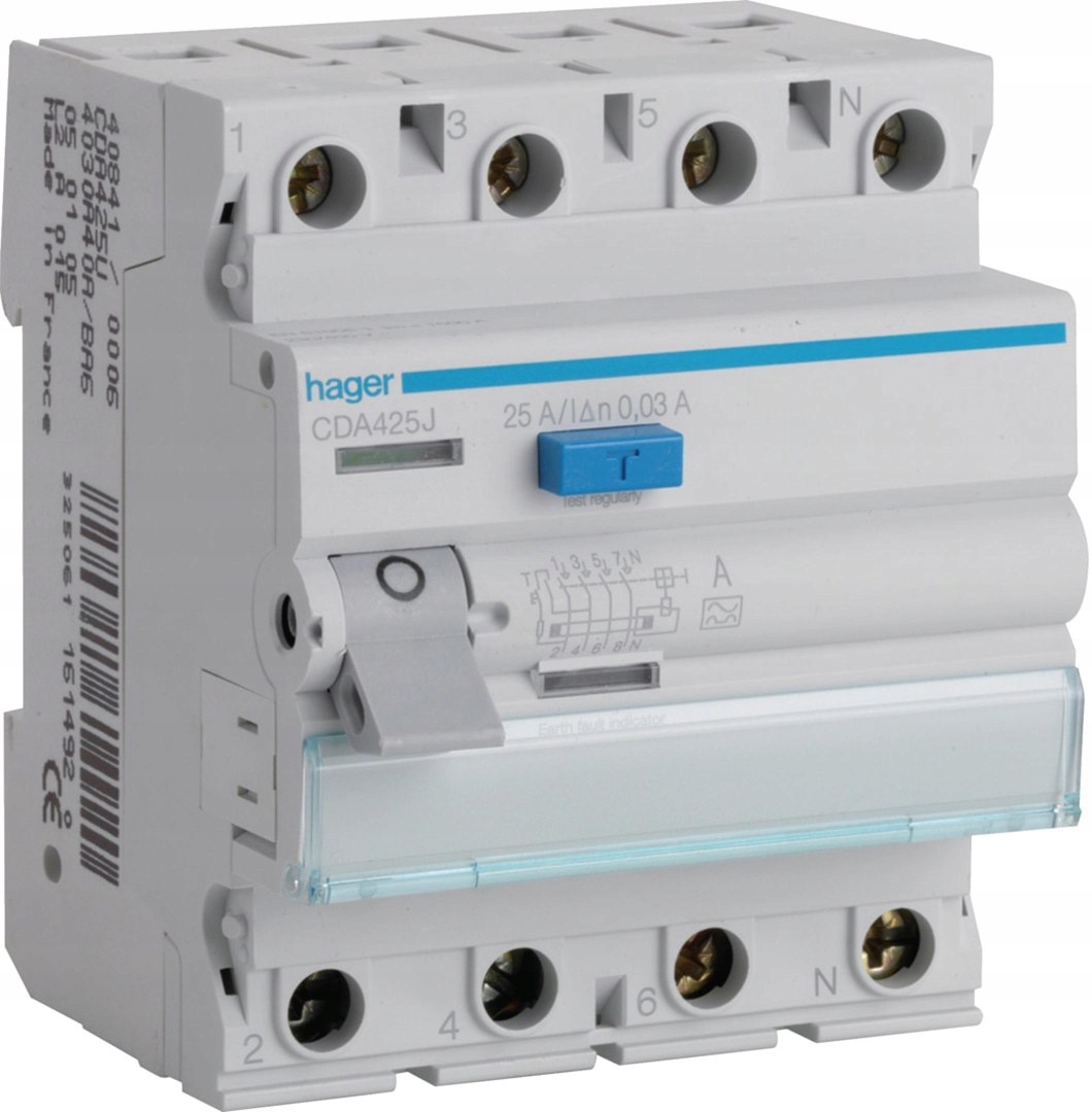 Hager Rccb Proudový spínač 3P+N 25A 30mA 6kA Ac CDA425J Hager