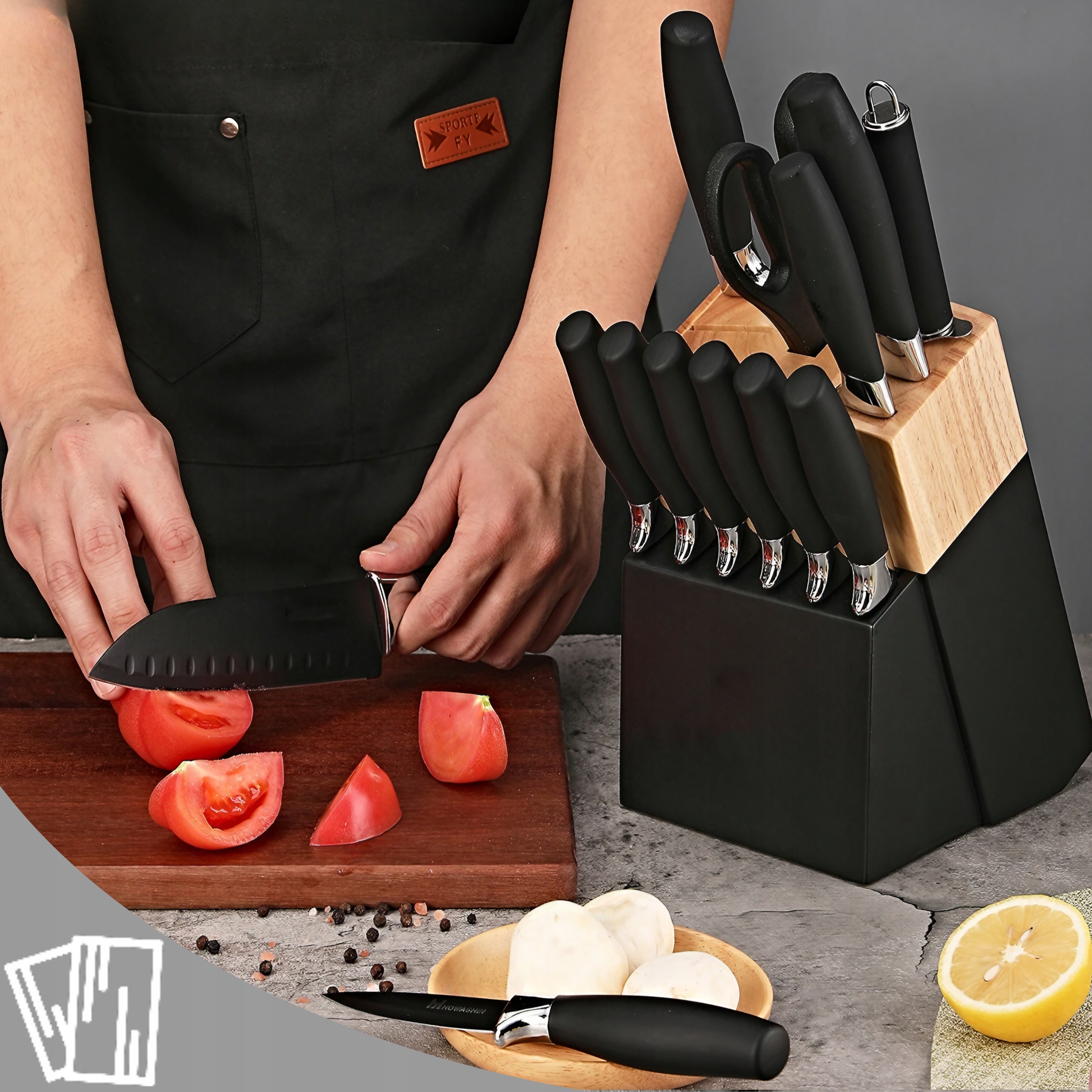 NOŻE KUCHENNE ZESTAW KOMPLET NOŻY W BLOKU STOJAK 15 EL. OBIERACZKA NOŻYCZKI Stan opakowania oryginalne