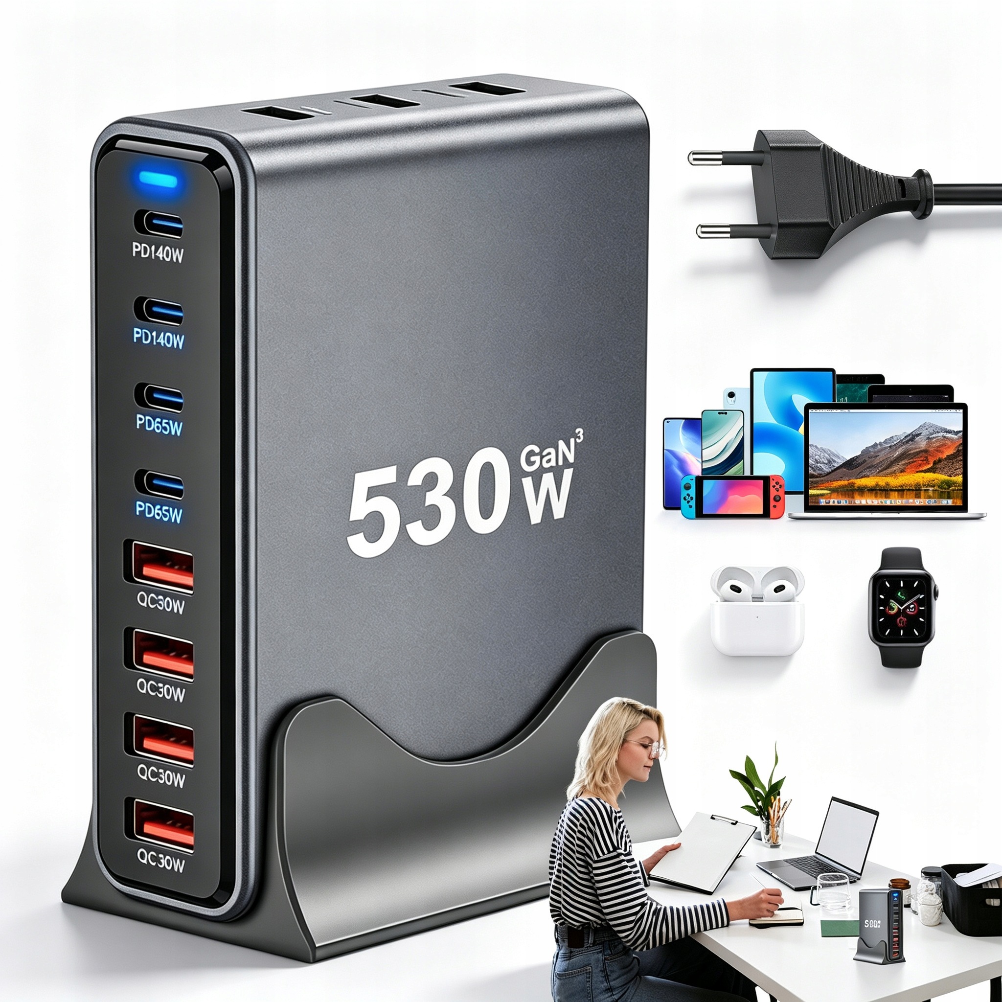 Ładowarka Stacja Ładowania Gan 530W 8 Portów Usb-c Usb-a Pd Qc Szybka