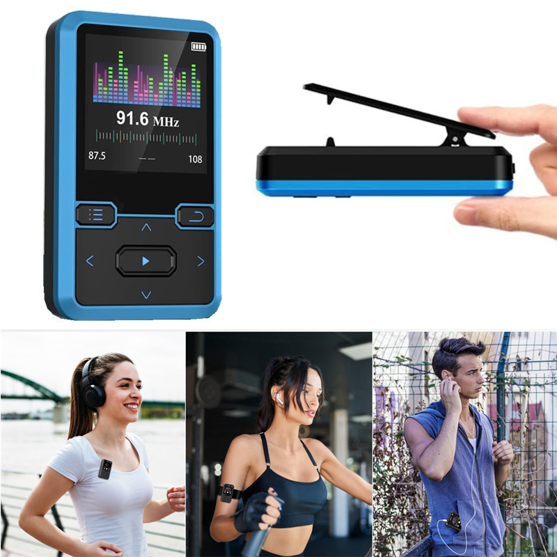 Přenosný Bluetooth MP3 přehrávač, radiokrokoměr pro cvičení, modrý