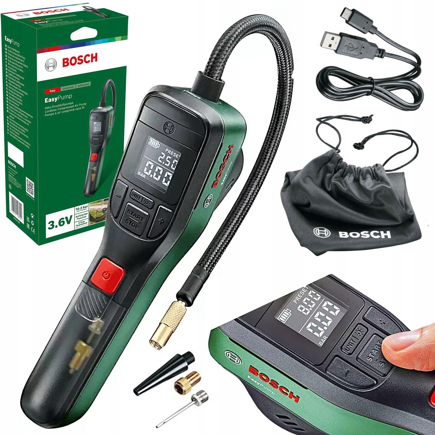 Bosch EasyPump Akumulatorowy Kompresor Pompka 10.3 bar Presta Dunlop Usb