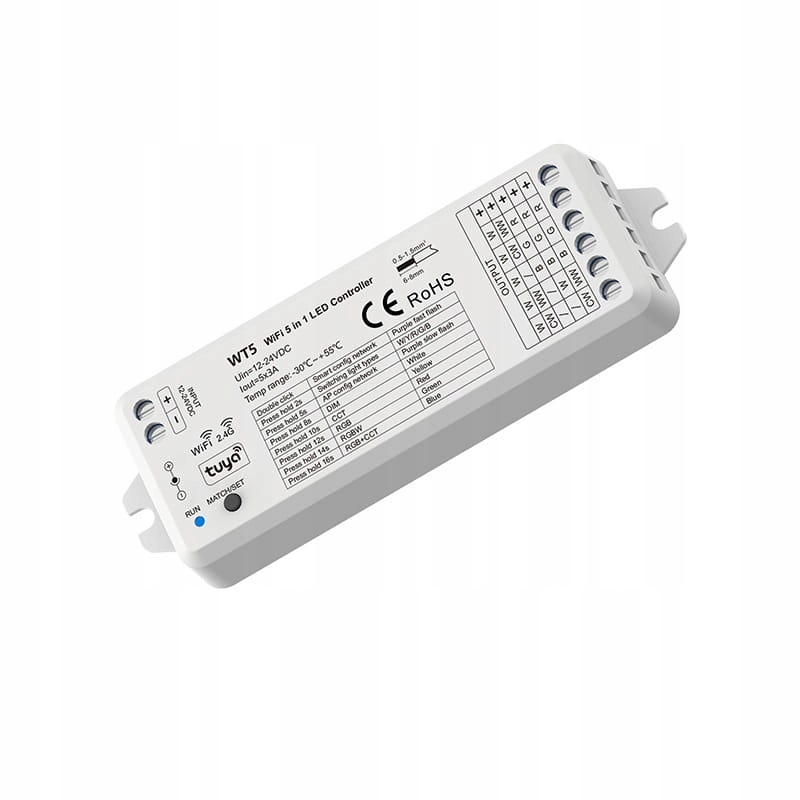 5-kanałowy sterownik Wi-Fi Tuya 5x3A 12-24VDC do taśm Led