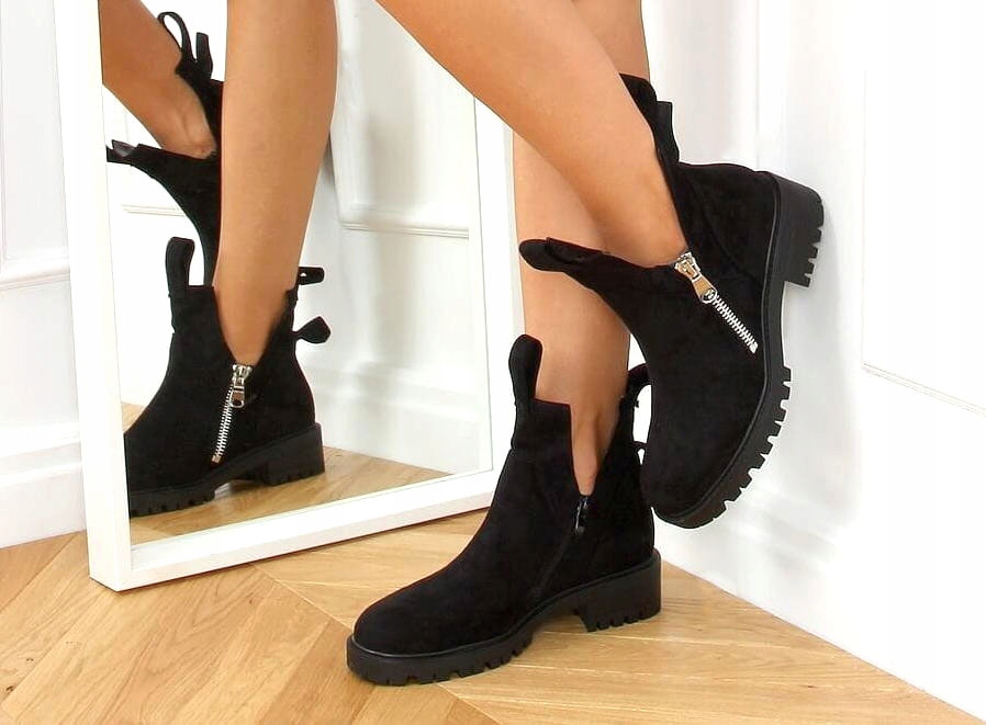 BOTKI DAMSKIE ZAMSZ OCIEPLONE CUT OUT CZARNE R37