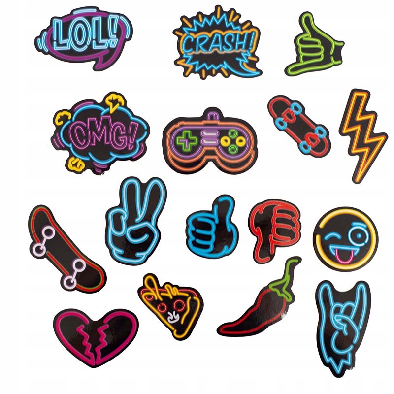 Zestaw 16 Naklejek Neonowych na Laptora Gitarę Mocno Połyskujący Papier