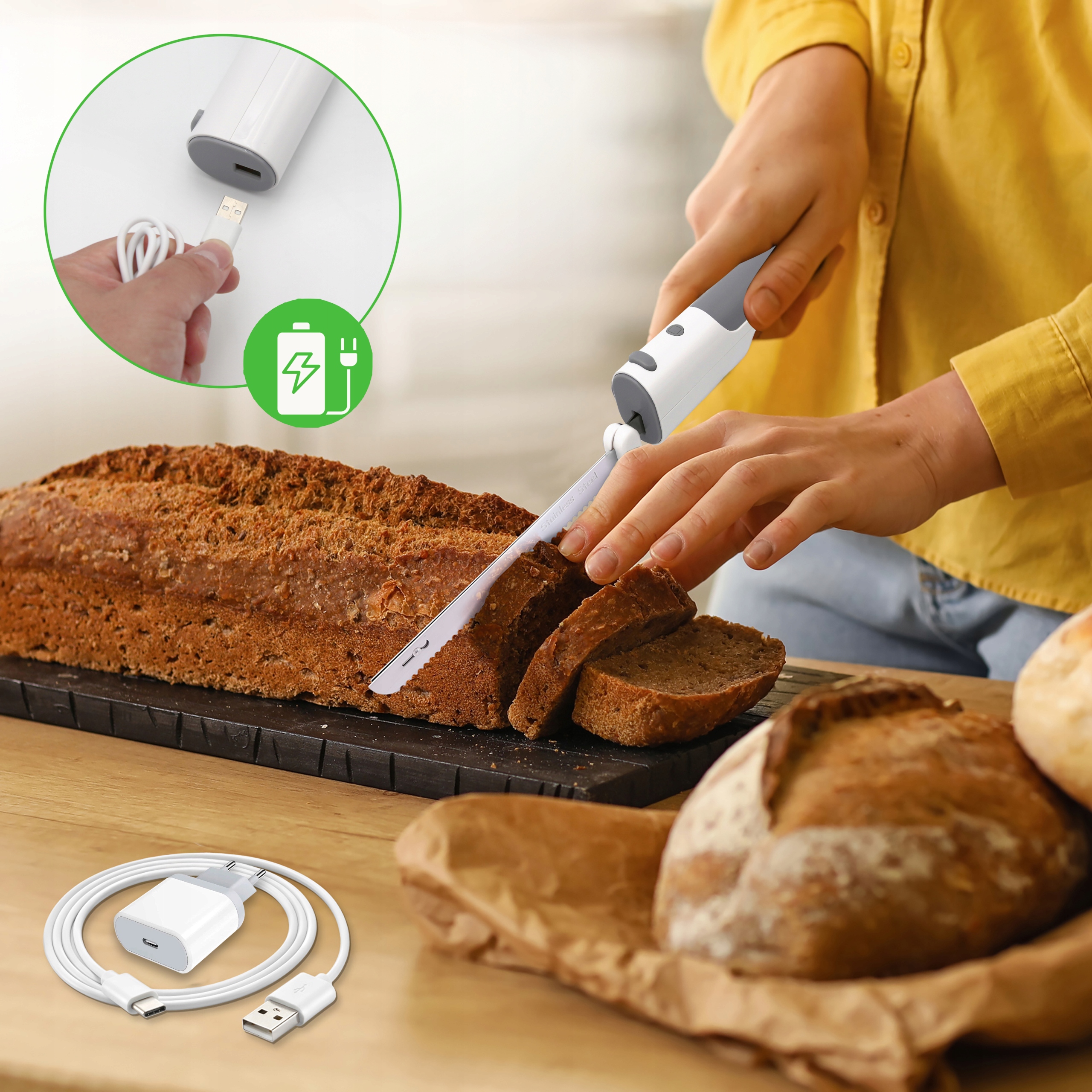 ELEKTROMOS KÉS HAL KENYÉR HÚS TÖLTET USB TÖBBFUNKCIÓS FEHÉR Penge hossza 20.3 cm