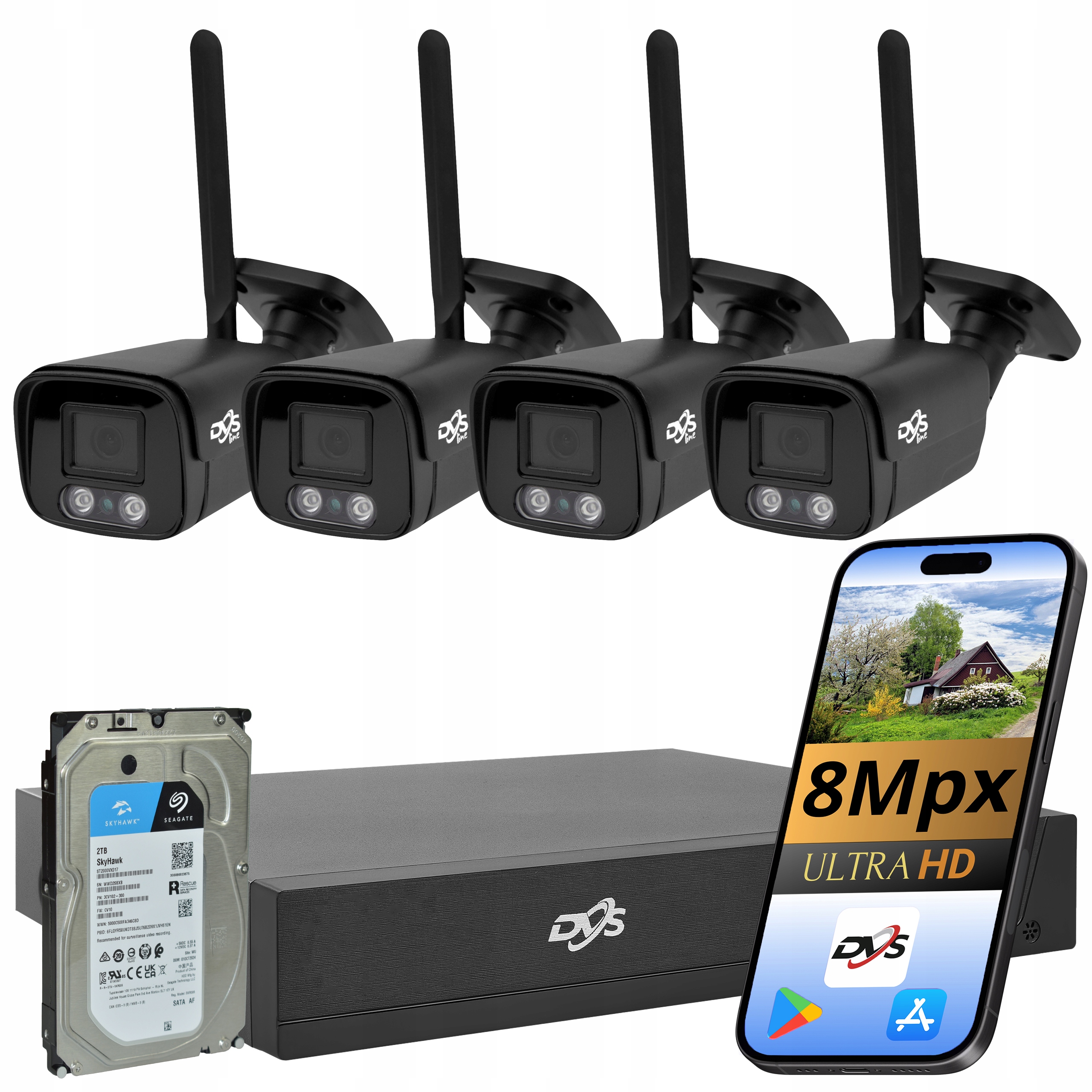 Sada Kamer 4K Wifi 4 Kamery Černé Bezdrátové 8Mpx Monitorovací Tuba 2TB