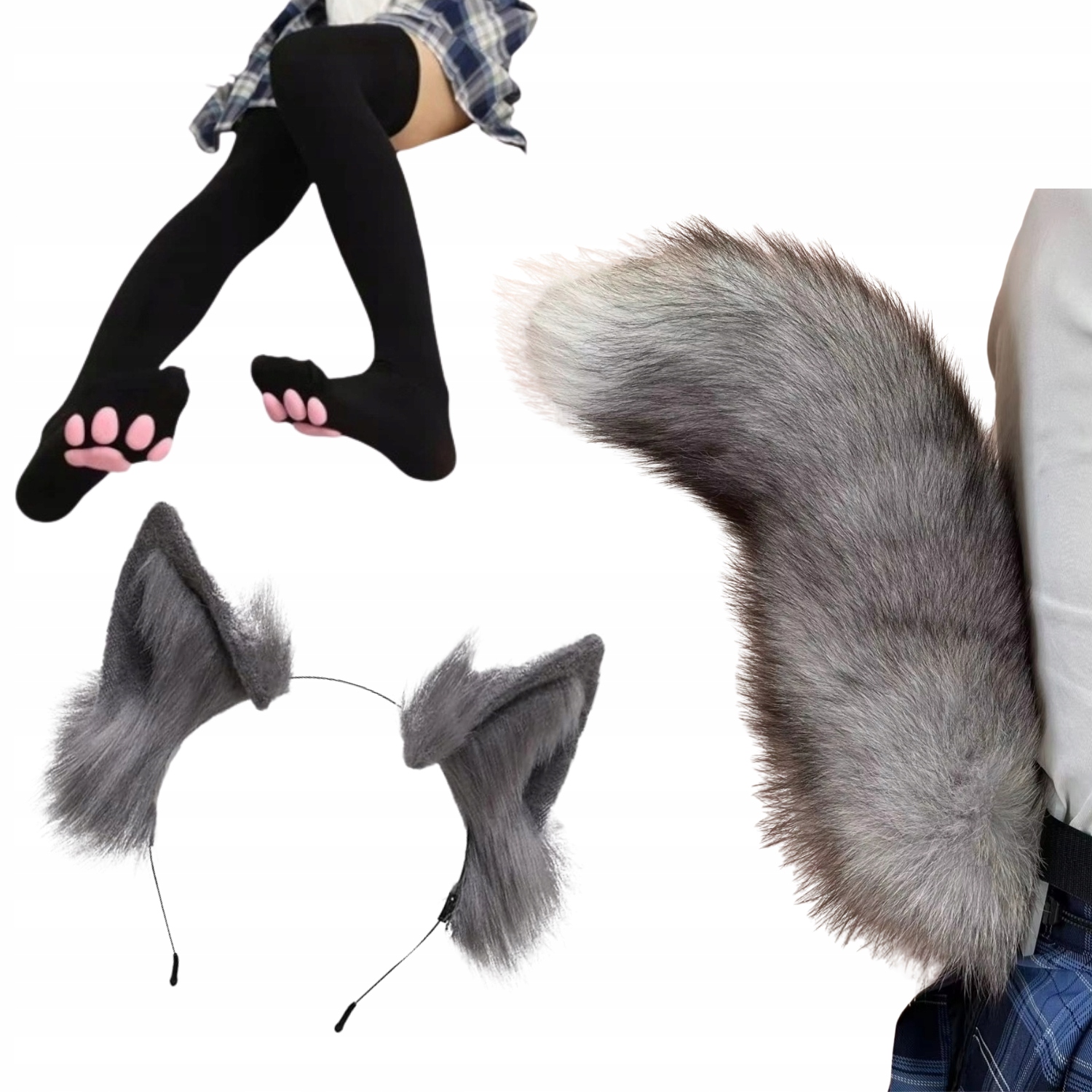 Set Kostým Kožešinový Ocas Uši Zavinovačky Kočka Liška Cosplay Furry Kouřový
