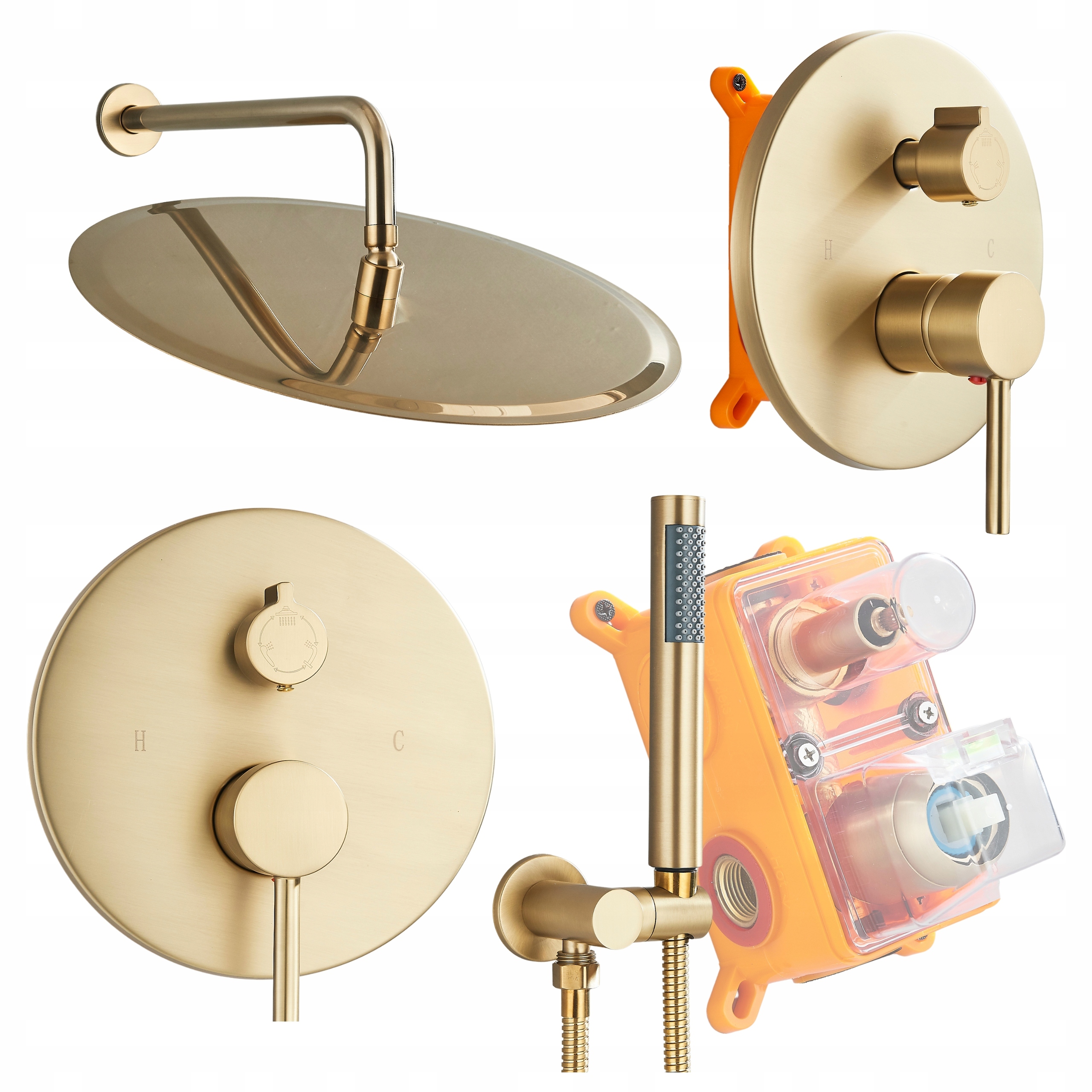 Podomietkový sprchový set Box Okrúhly zlatý Ari s dažďovou sprchou