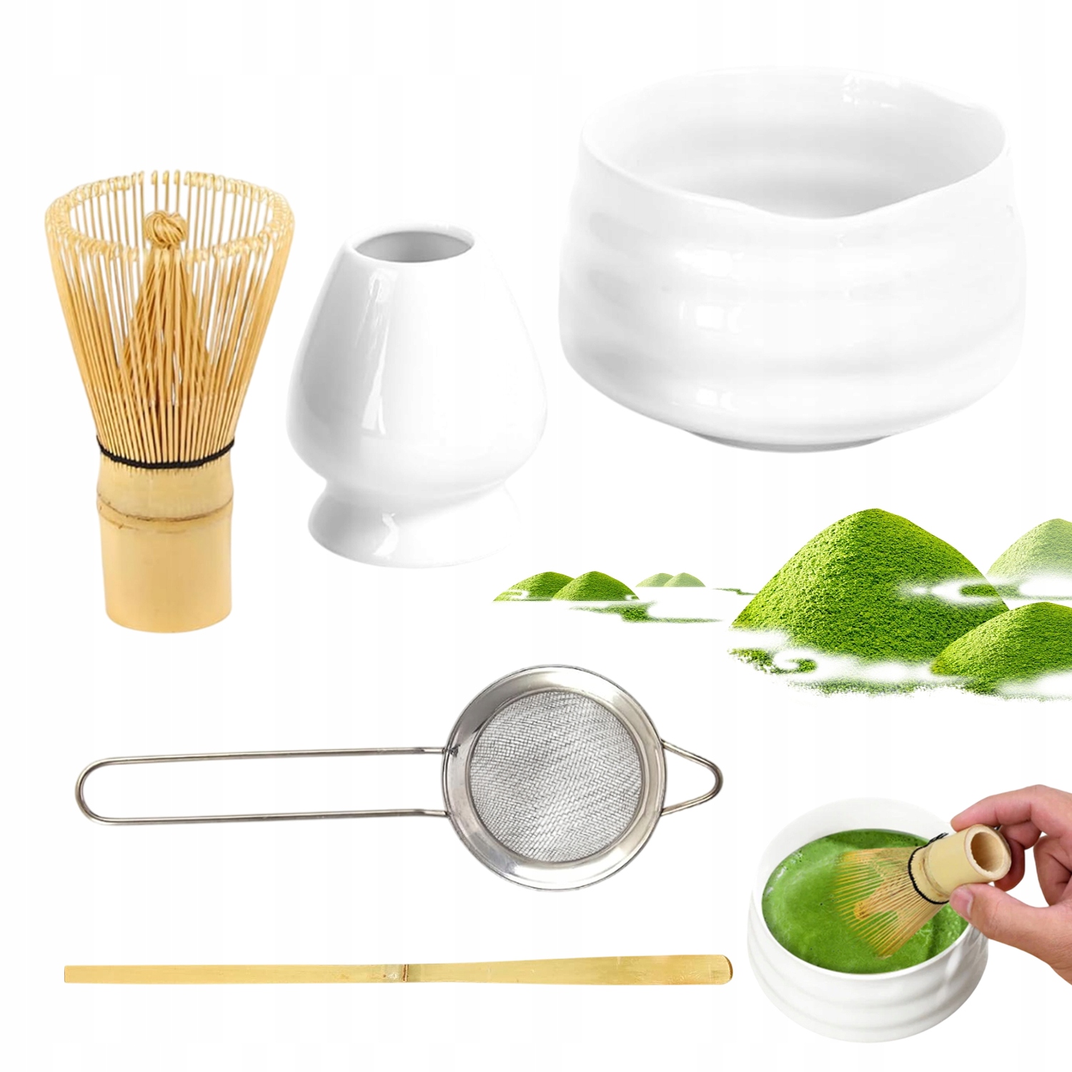 Levně Sada Nářadí Matcha Bambusová Šlehací Metla Sítko Stojan Miska Lžíce