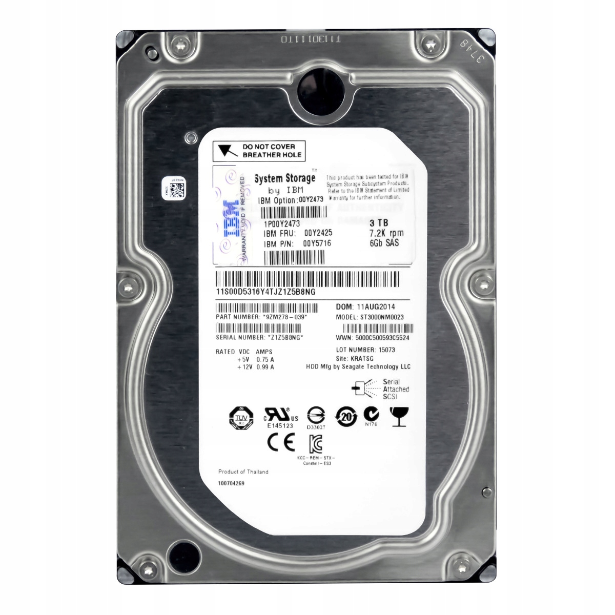 Ibm 00Y2425 00Y5716 3TB 7.2K 128MB SAS-2 3.5'' ST3000NM0023