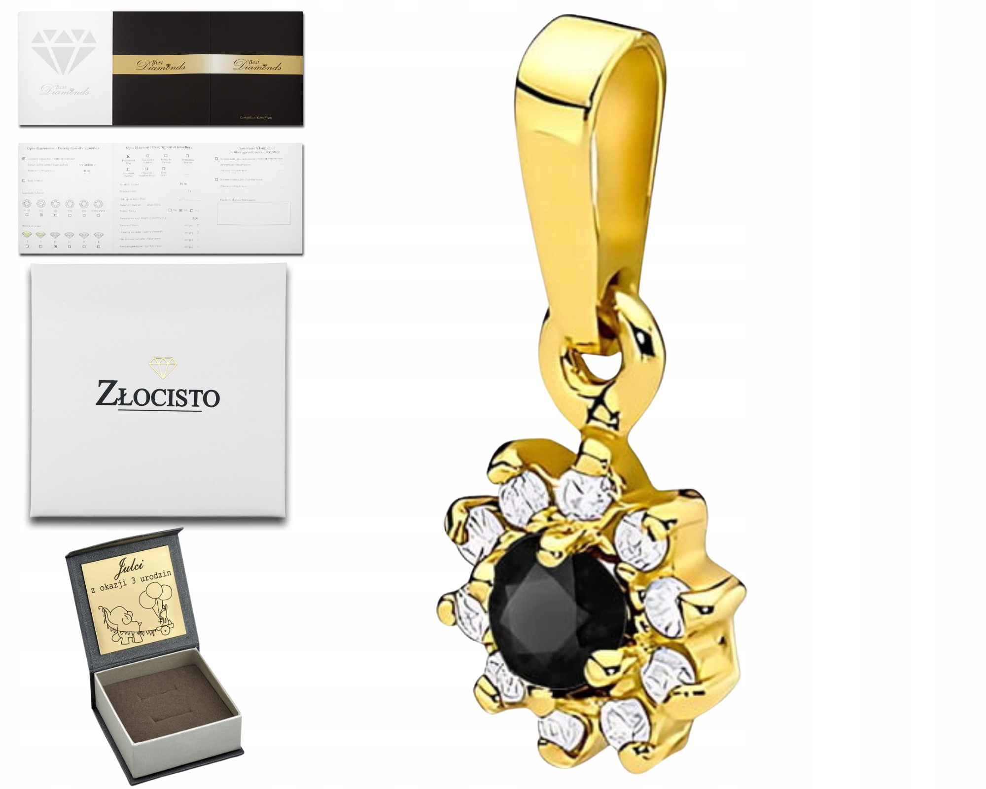 Zlatý Přívěsek S Diamanty, Černý Diamant, Zlato 585, Dárek Gravírování