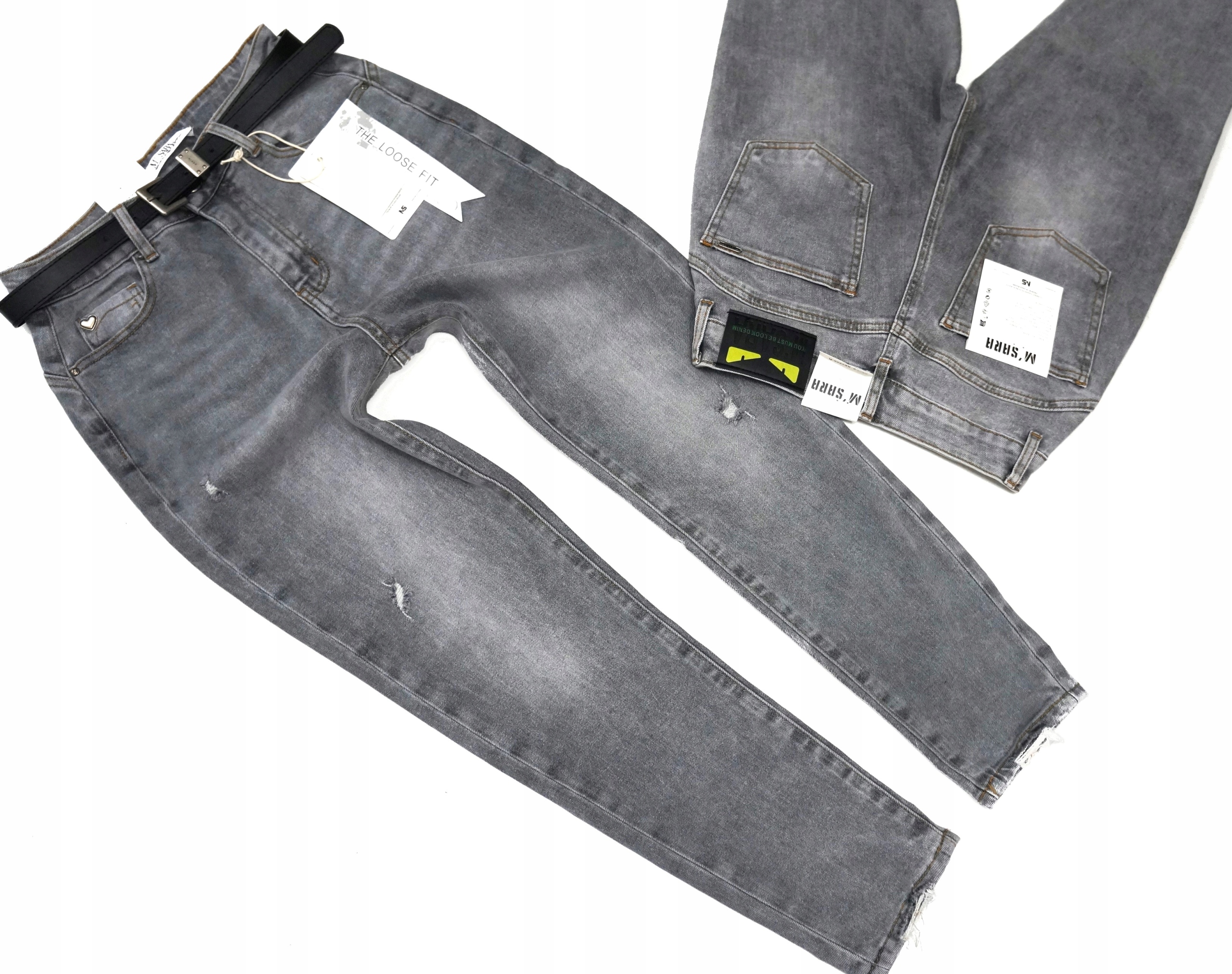 M.sara Modne Spodnie Jeansowe Mom Fit Luźniejsze Nogawki Dziury Szare 40 L