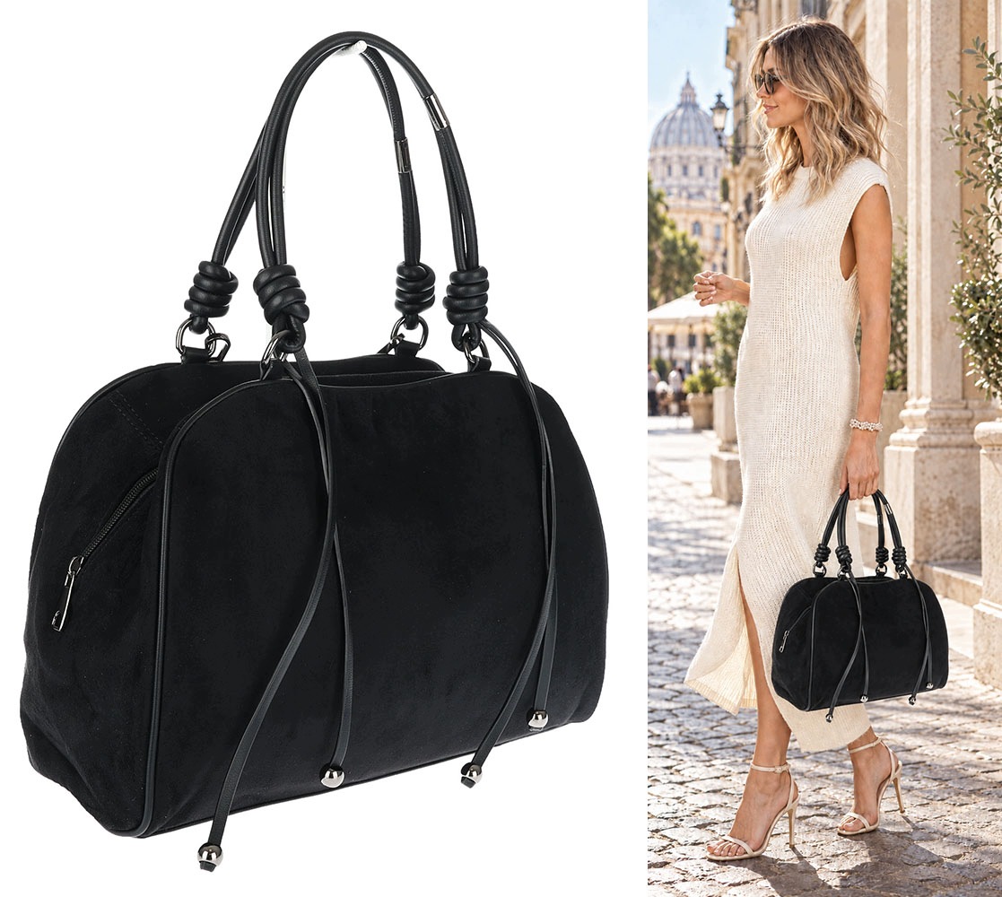 Dámská shopper kabelka prostorná, módní semišová taška kufřík D715 Černá