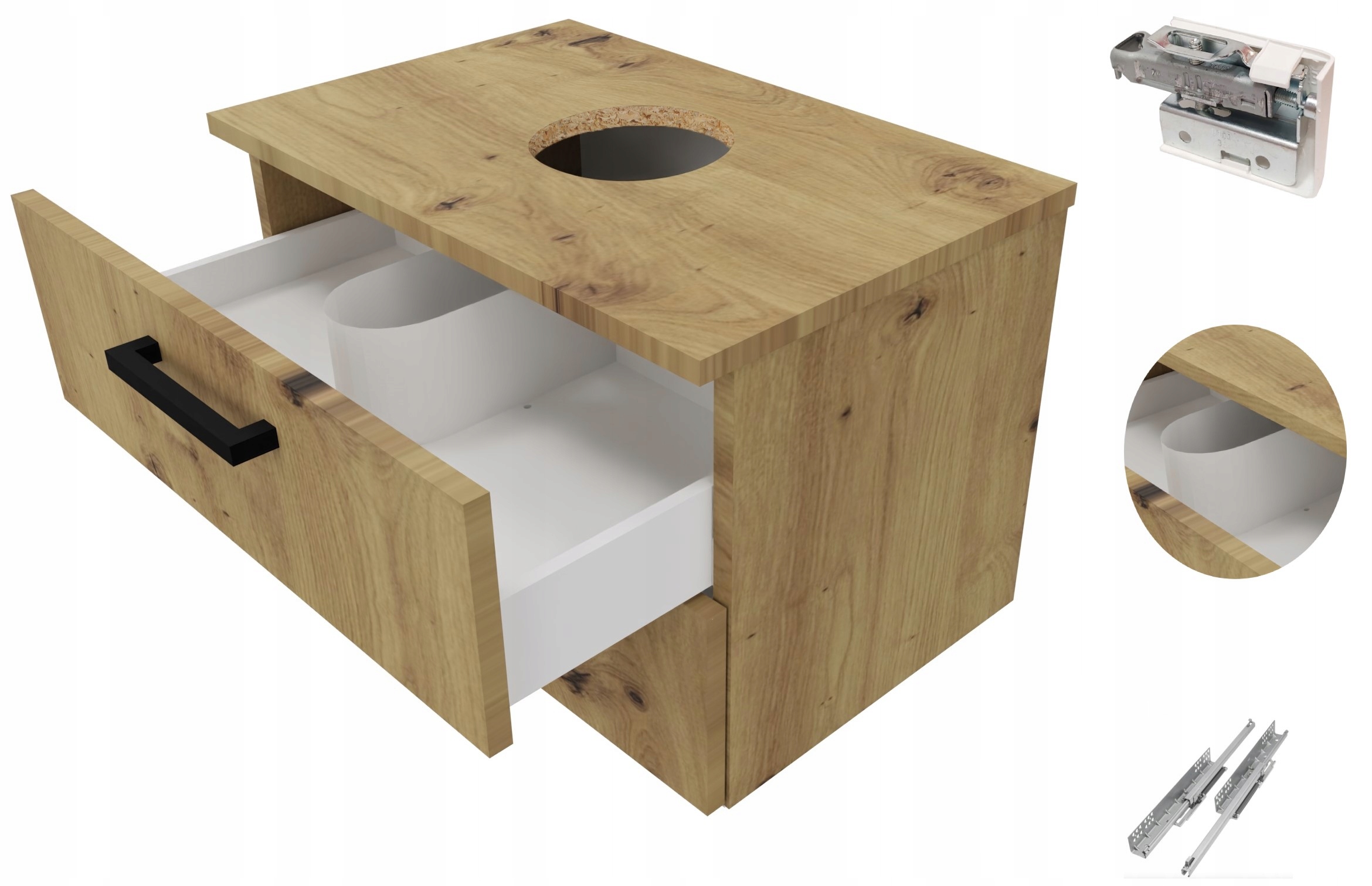 Szafka łazienkowa wisząca pod umywalkę z otworem 60cm 2szuflady dąb artisan