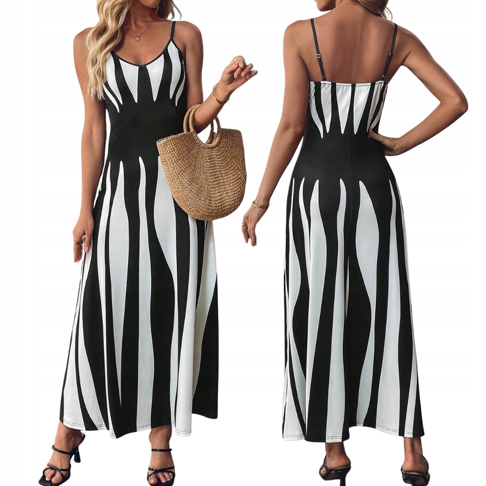 Długa Letnia Sukienka Damska Maxi Luźna Na Ramiączkach Zwiewna W Paski Lato