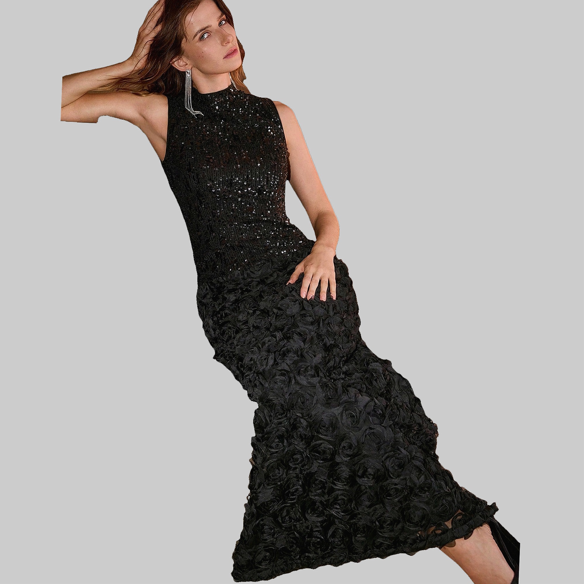 Šaty Glamour Černá Maxi Flitrová 3D Premium Zeylah M 38