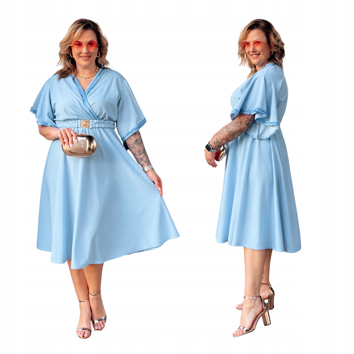Šaty Velké velikosti Plus Size Midi s páskem Dámská Cavaricci Modrá