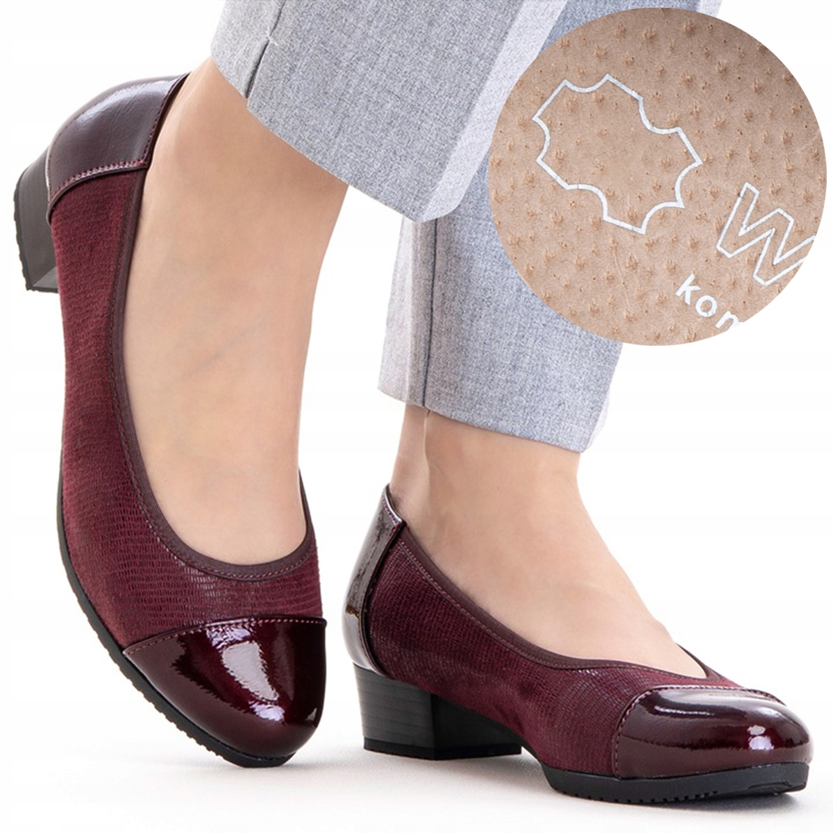 Polobotky na podpatku lakované vpichem Kůže lehké pohodlné Wojtyłko 41