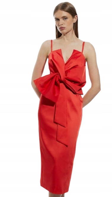 Karen Millen Tall Červená Šaty MIDI S Mašličkou Na Ramínkách 36 B1F